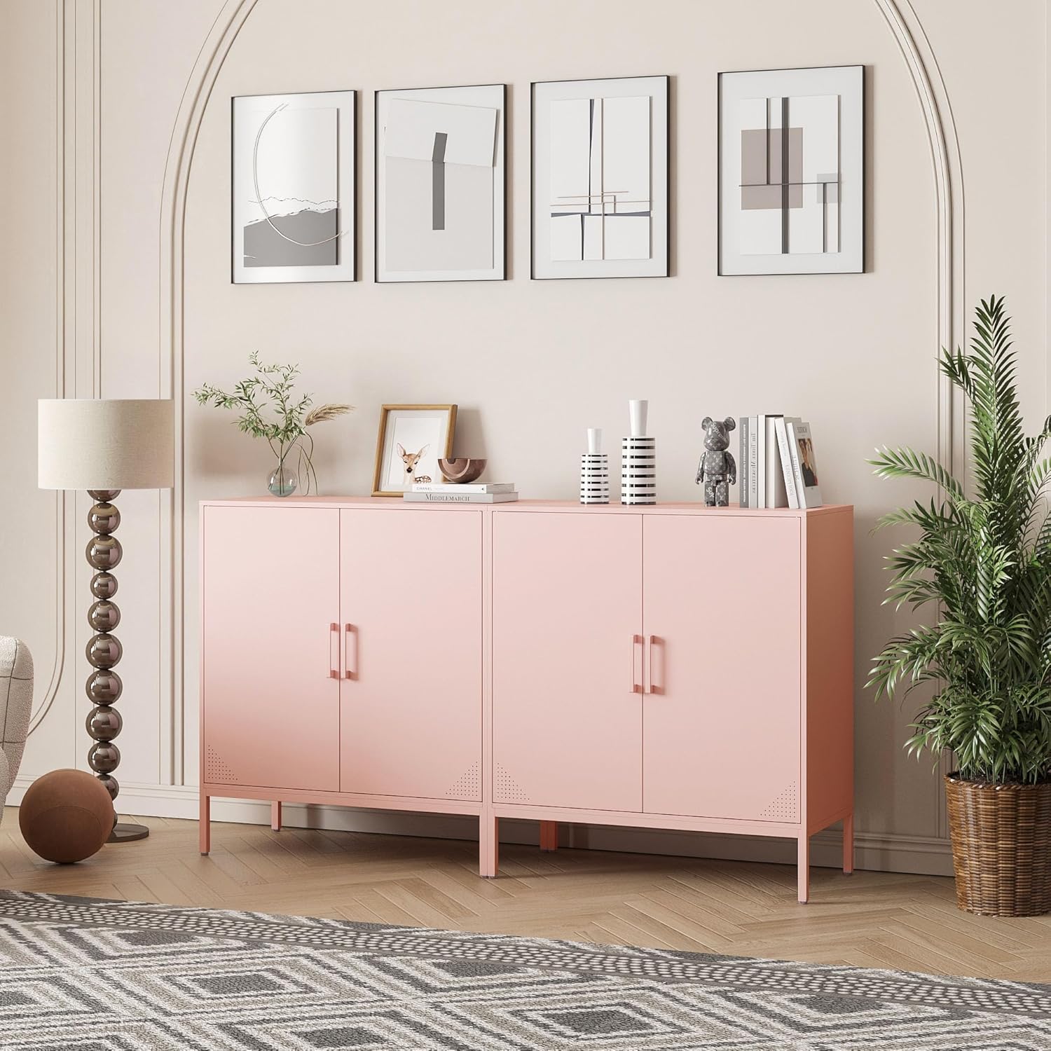 Steehoom Metal Storage Cabinet with 2 Doors, Steel Buffet Sideboard Entryway Locker Cabinet Kitchen Cupboard for Living Room, Dining Room, Kitchen, Office, Bar (Pink, 31.5" D x 15.75" W x 35.43" H)