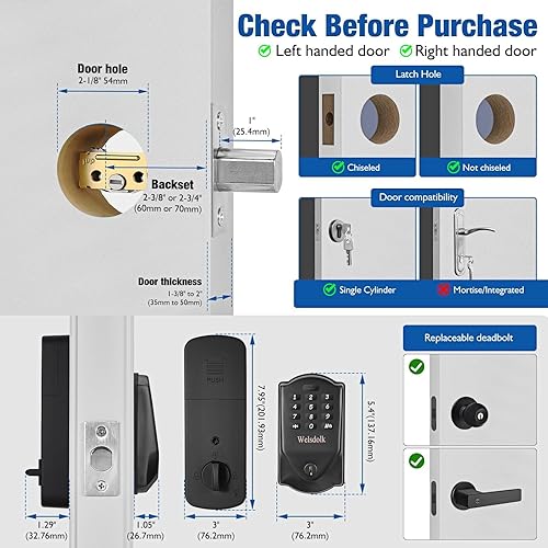 Miniatura 7 de Cerrojo de seguridad para puerta de entrada sin llave, cerrojo electrónico con código de teclado, cerrojo inteligente para puerta delantera,