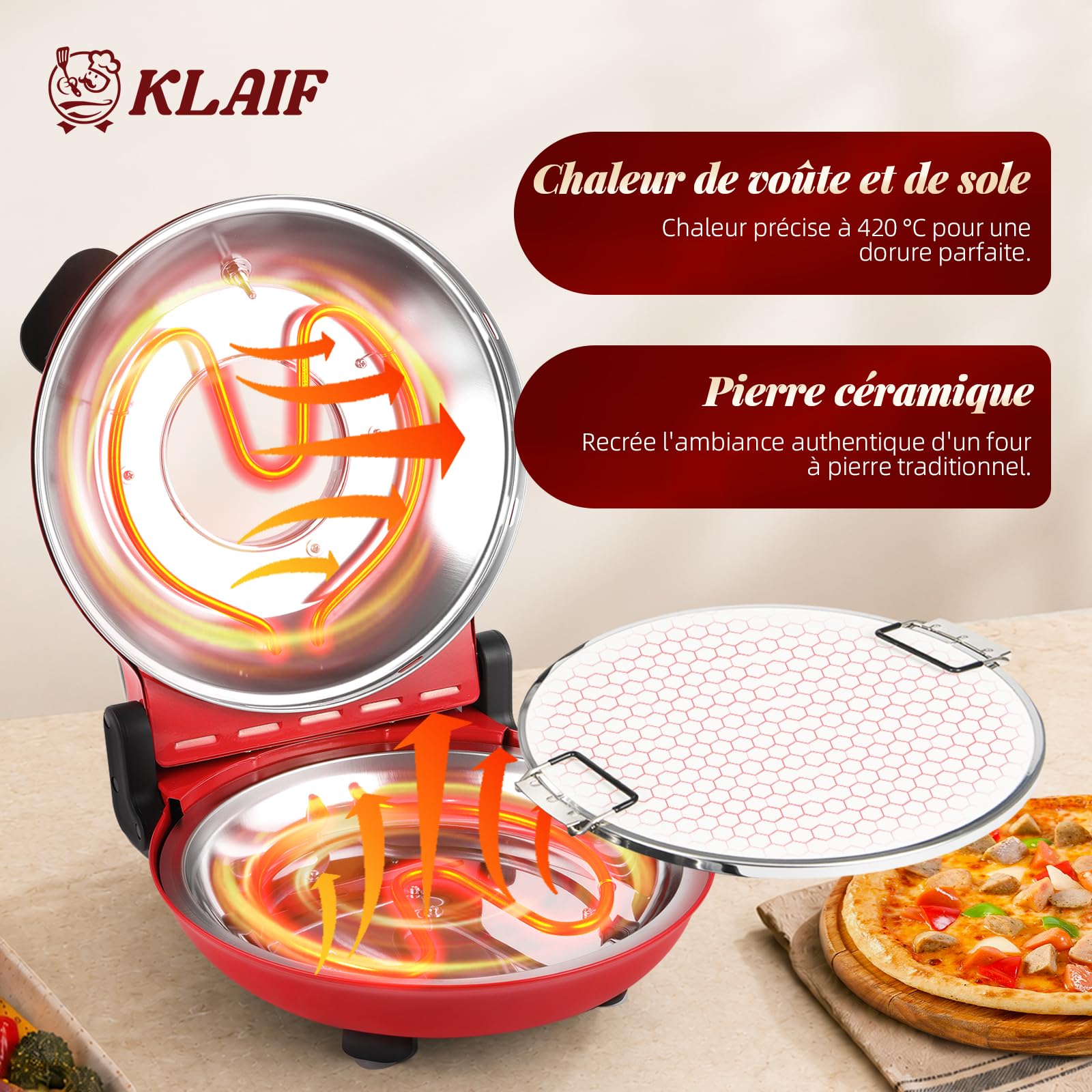 KLAIF Four à Pizza Électrique 420 °C, chaleur supérieure et inférieure réglables séparément, pierre à pizza en céramique 31 cm, 1200 W, four à pizza compact pour la maison, modèle LM-Rouge
