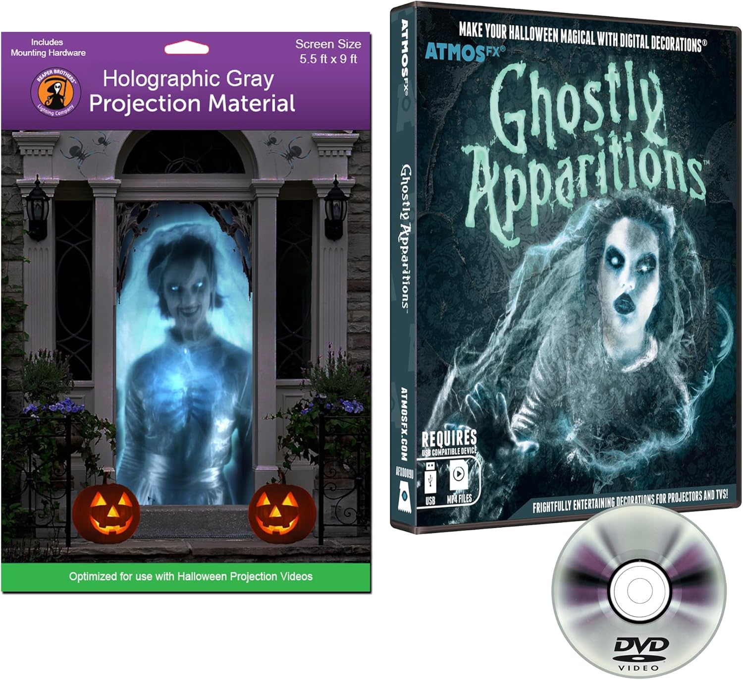 AtmosFX Ghostly Apparitions and 5.5’ x 9 Feet Hologram Rear Projection Screen Bundle (DVD)