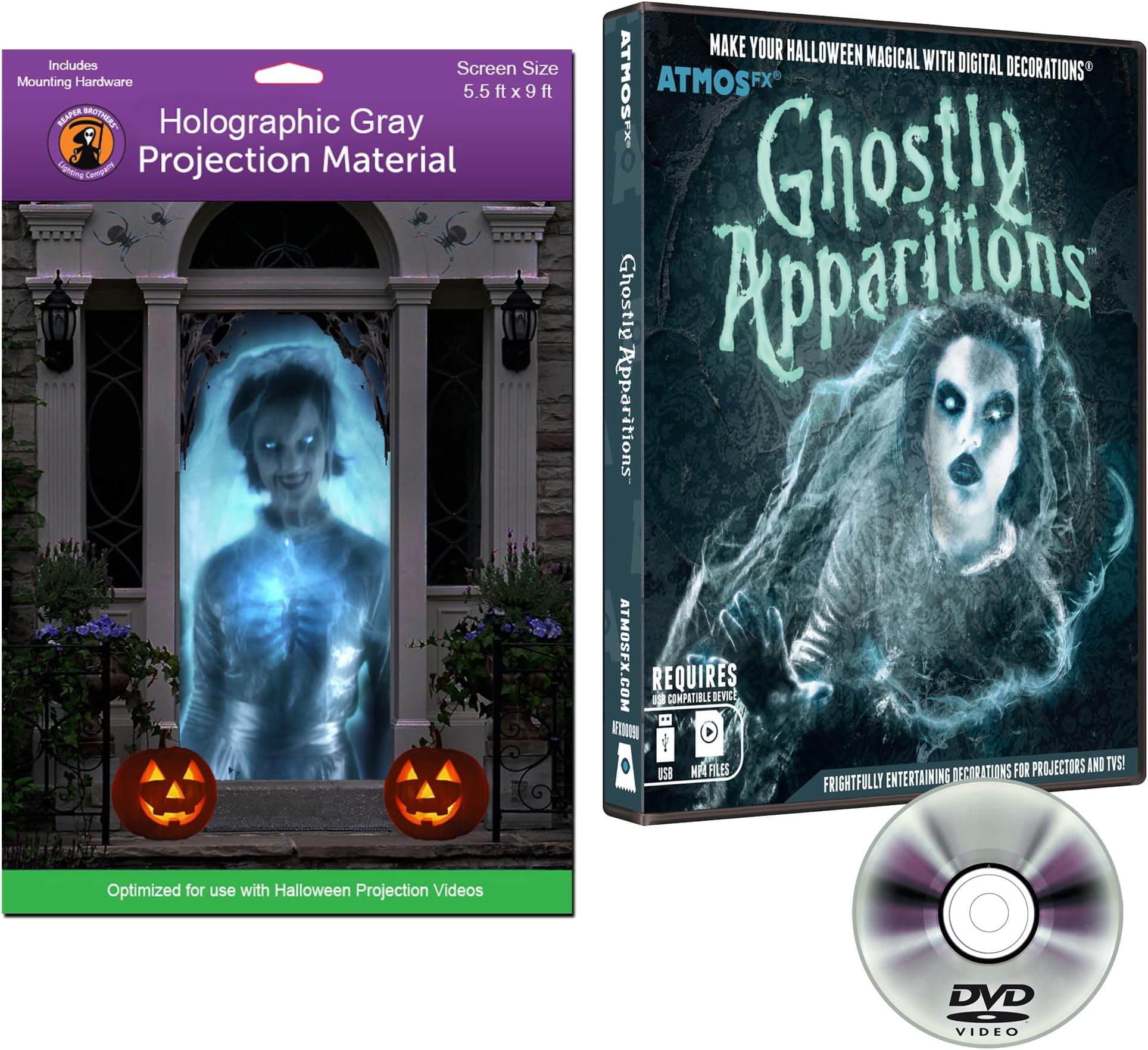 AtmosFX Ghostly Apparitions and 5.5’ x 9 Feet Hologram Rear Projection Screen Bundle (DVD)