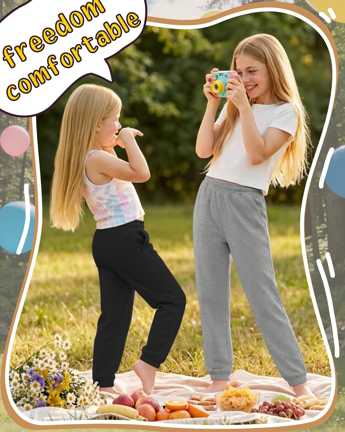 3 Pack Girl's Joggers Loose Lightweight Casual Sweatpants Soft Elastic Waist Jogger Pants Active Pants with Pockets