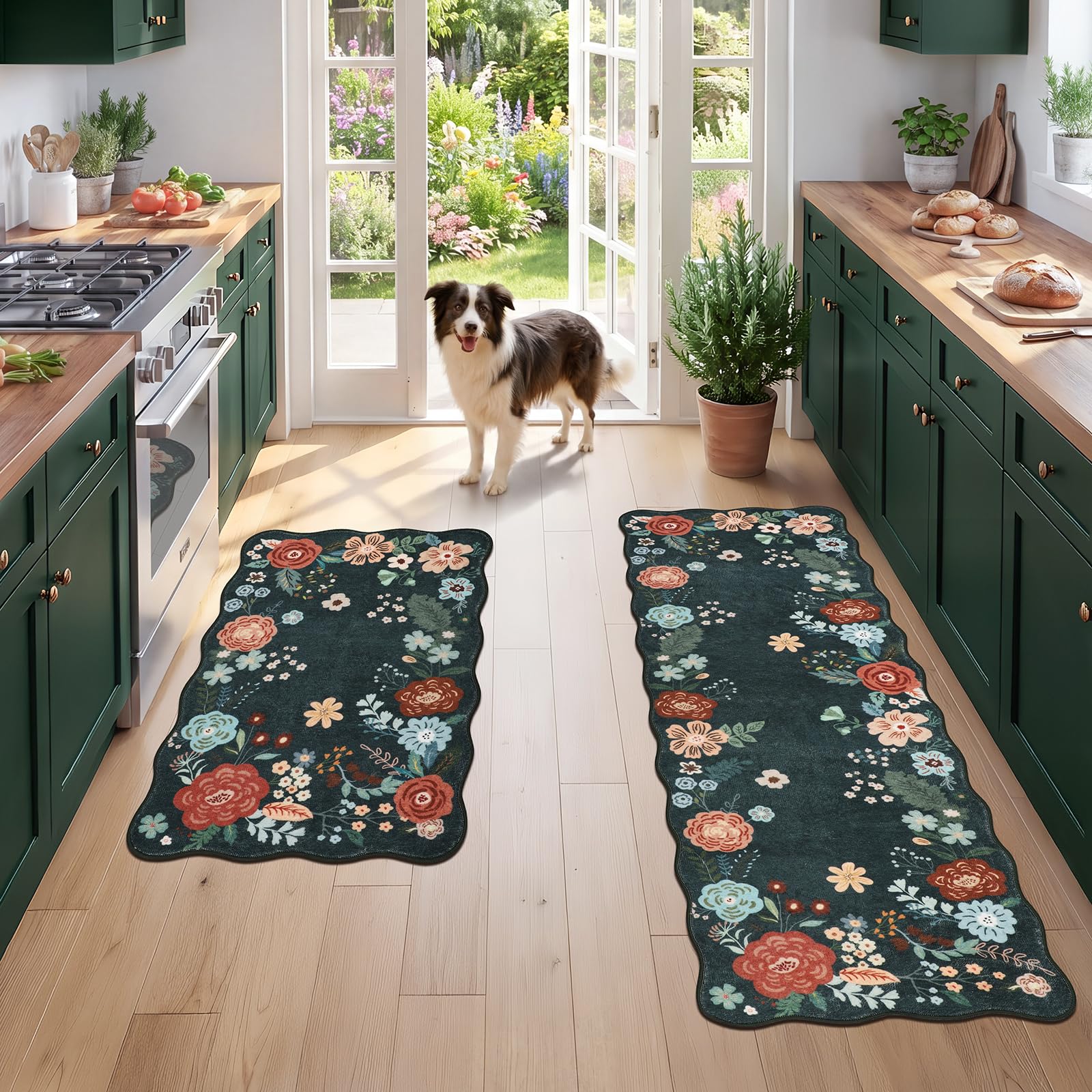Floral Kitchen Rug Set, 2-Piece Non-Slip Washable Kitchen Mats, Soft Stain resistance Kitchen Runner Rugs, Dark Green Kitchen Floor Mats for Sink, Stove, Laundry Room, and Farmhouse Kitchen Decor