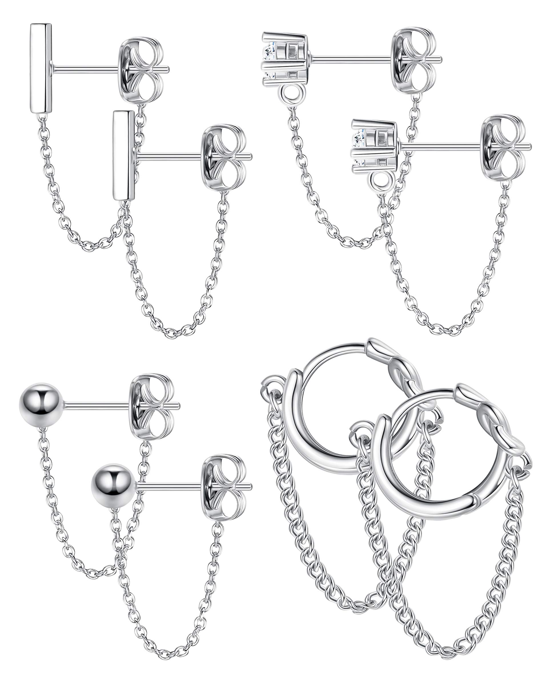 YADOCA4 Pairs Chain Earrings for Women CZ Ball Bar Huggie Hoop Piercing Dangle Chain Stud Earring Set Gold Silver Rose Gold