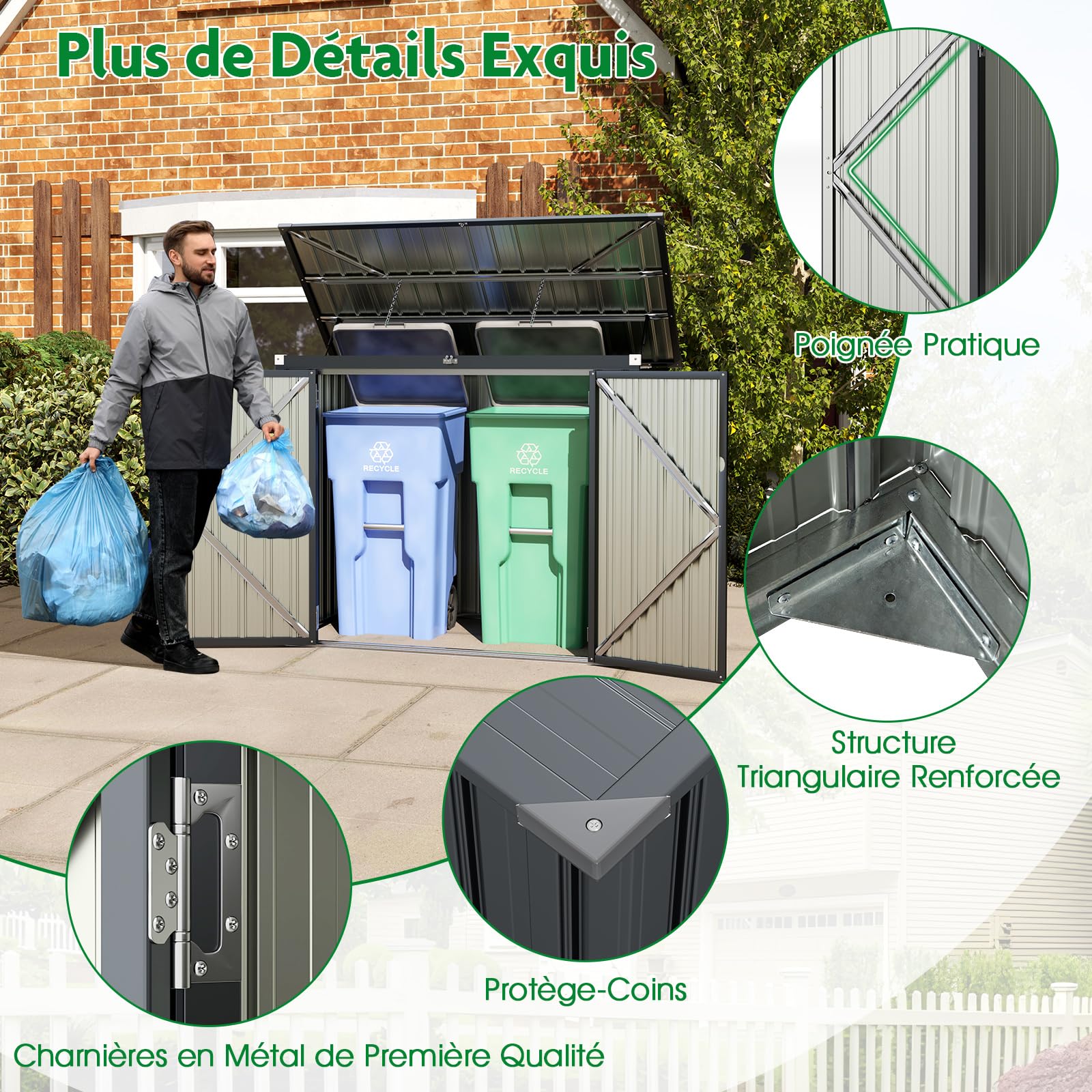 COSTWAY Abri de Jardin en Métal Galvanisé 1,5 m², Cache Poubelle Exterieur Verrouillable, Toit Ouvert, 2 Portes, Abri Poubelle Exterieur, 4 Gants, Rangement Etanche pour Vélo,Outils(Gris foncé)