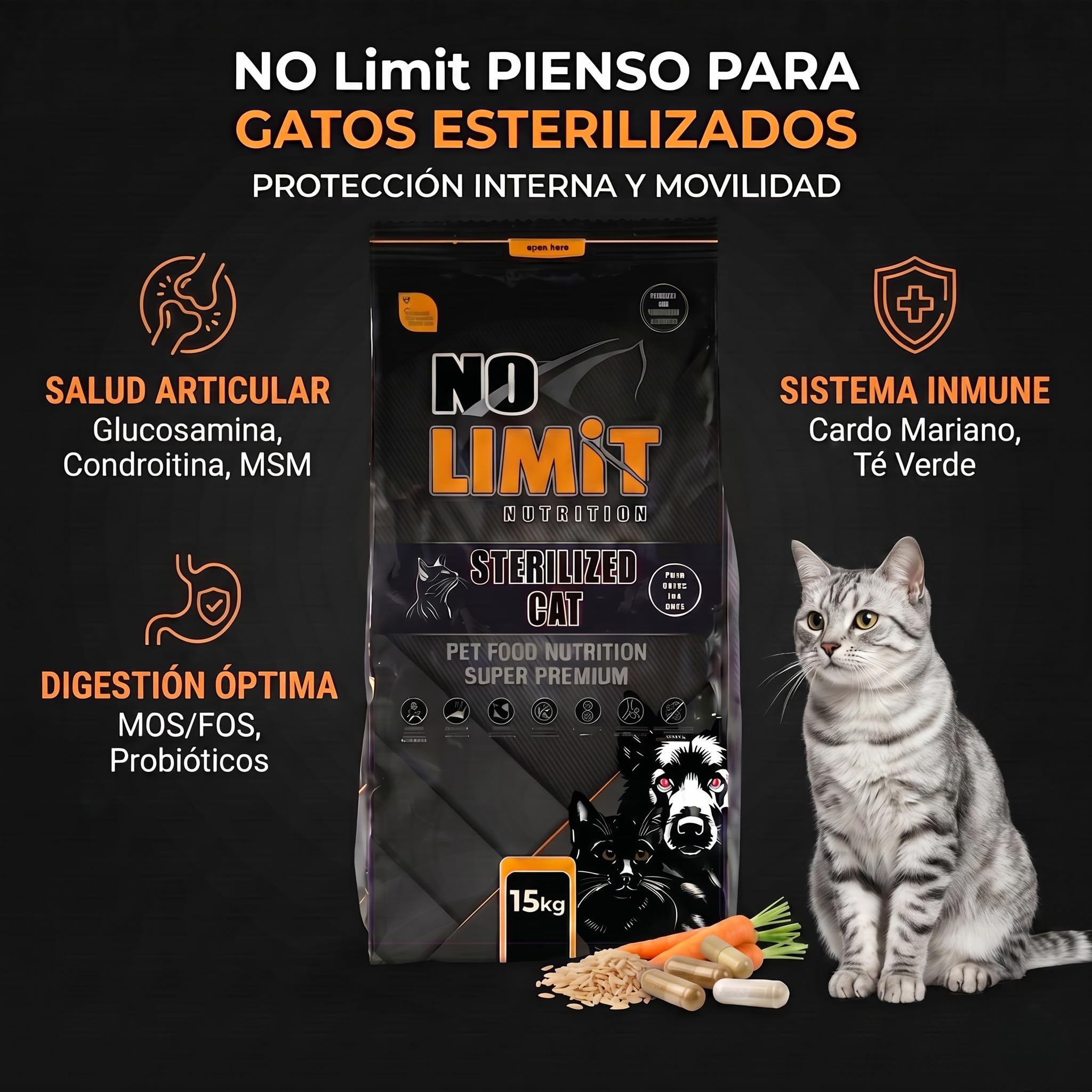 NO Limit Pienso para Gatos Esterilizados – Pollo, Atún y Salmón con Omega 3 – Comida Natural para Gatos Adultos – Cat Food Premium para Control de Peso, Articulaciones y Salud Urinaria - 15kg