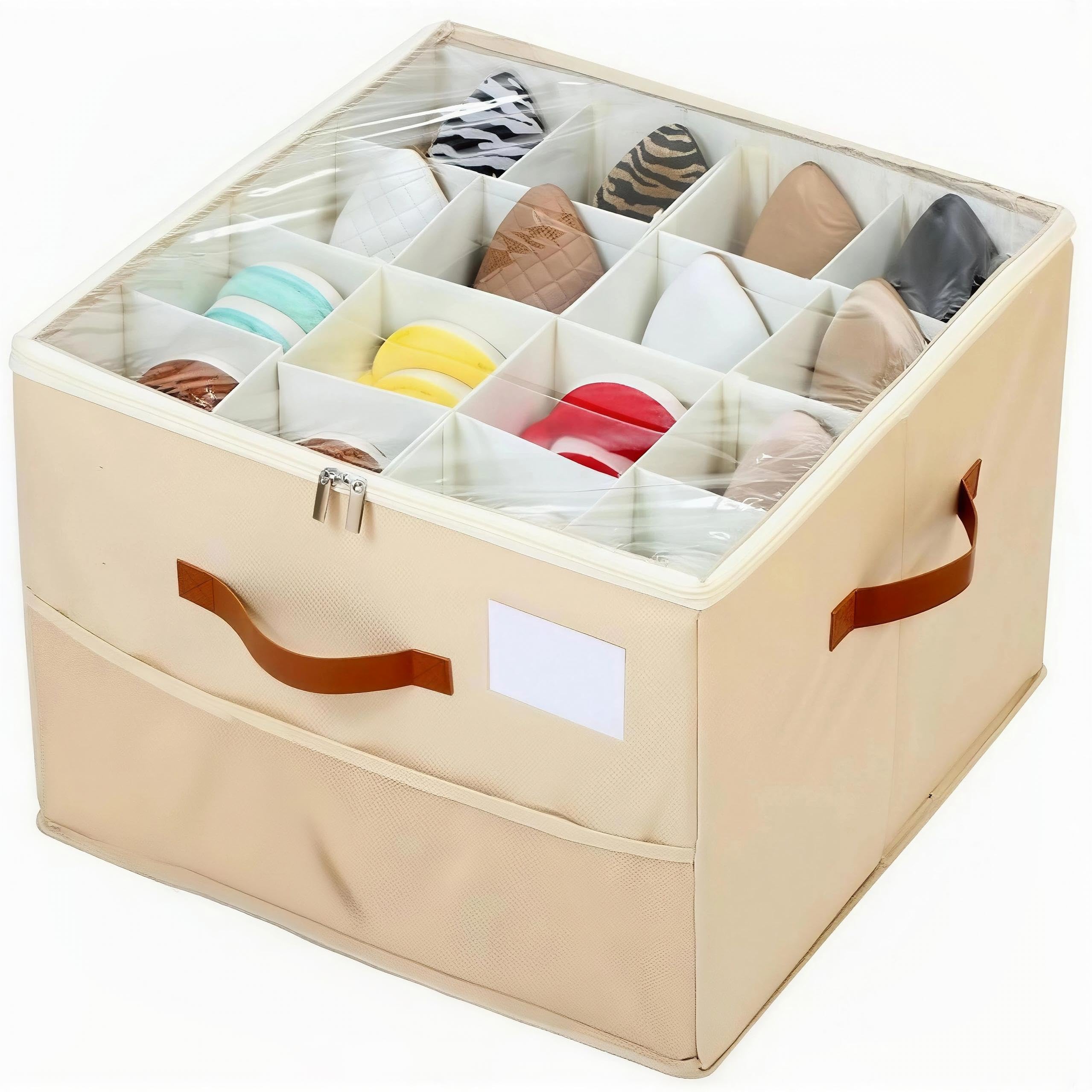 Saklifuo Shoe Storage Box, Fits 16 Pairs, Foldable Shoe Organiser with Clear Zip Cover, Adjustable Dividers & Handles, Space Saver Shoes Holder for Closet & Wardrobe