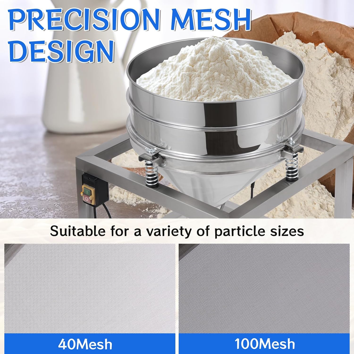 Automatic Powder Sifter Machine, 110V Electric Vibrating Flour Sieve Shaker, High-Speed 3600RPM Sifting System, Includes 40 & 100 Mesh Screens for Baking, Food Processing