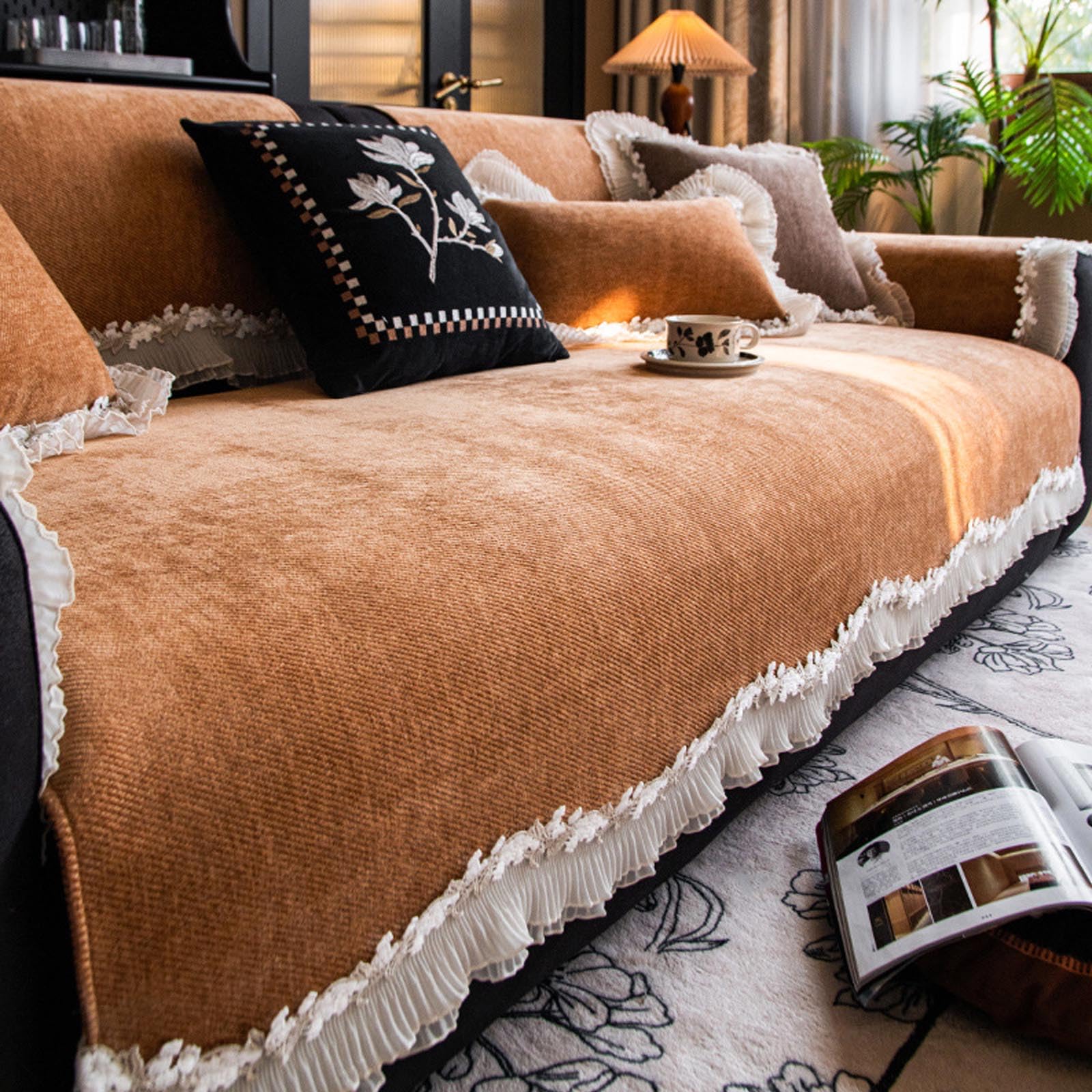 Housse pour canapé sectionnel orange en dentelle pour salon cocooning