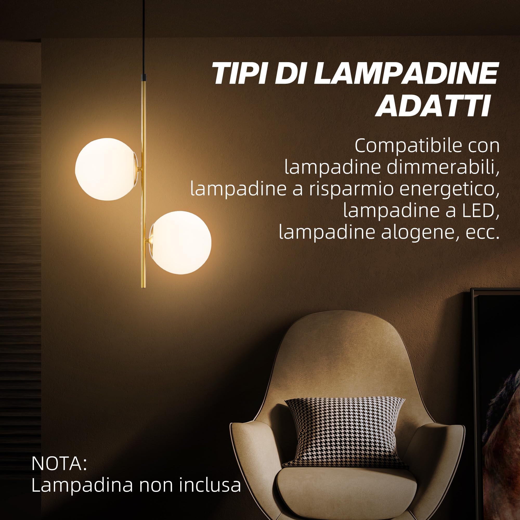 HOMCOM Lampada a Sospensione con 2 Paralumi, 32x15x51 cm, Bianca e Oro | in Vetro, Filo Regolabile, Lampada Moderna in Metallo