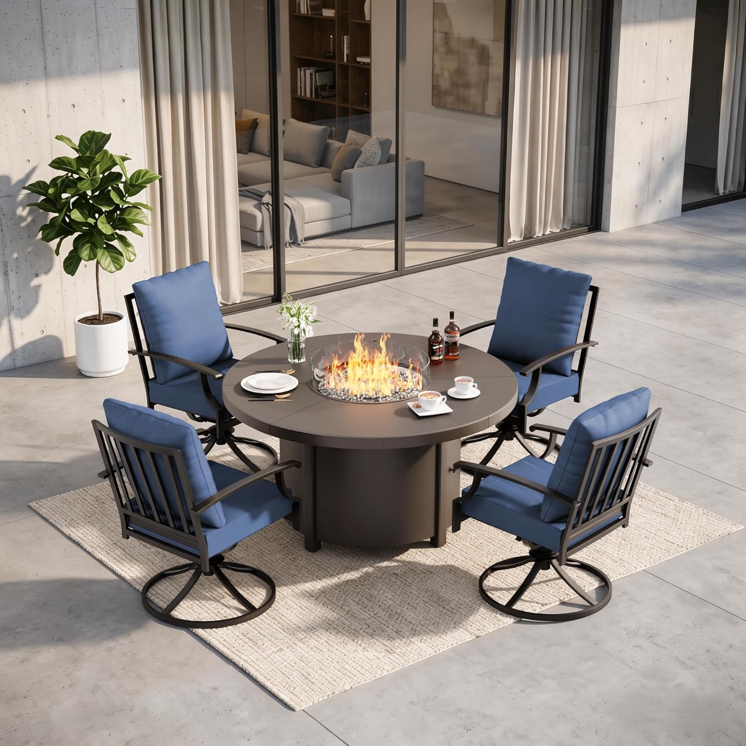 5 Pieces Outdoor Patio Furniture Set with 48" Round Propane Fire Pit Table,Patio Dining Set Outdoor Conversation Sets 4 Swivel Chairs for Deck,Backyard and Garden,Dark Blue