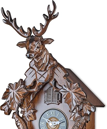 Miniatura 9 de TIMEGEAR Reloj de cuco con modo nocturno automático, movimiento de cuarzo y cabeza de ciervo tallada (marrón oscuro)