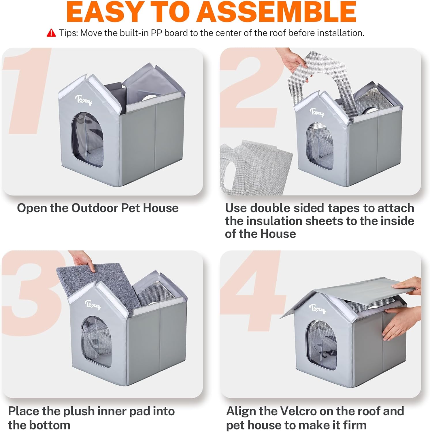 Toozey Insulated Outdoor Cat House with 4 Bonus Insulation Sheets - Weather-Resistant, Easy Assembly, Durable Feral Cat Shelter with Removable Soft Mat for Winter Protection, Grey