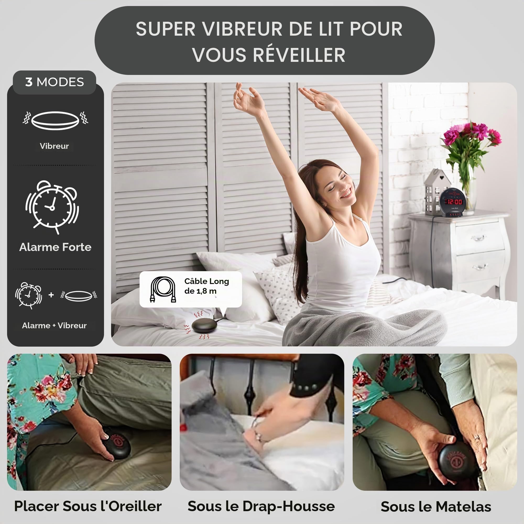 Geemarc Sonic Bomb - Réveil avec Alarme Super Puissante, Coussin Vibrant et Fonction Répétition de Sonnerie - Pour les Personnes Malentendantes et les Gros Dormeurs - Version FR