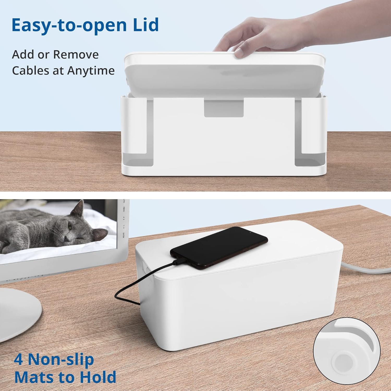 ZhiYo Cable Management Box White, 2Pack Cord Organizer Box - Extra Large and Medium Size, Cord Hider Box to Conceal Power Strips on Desk or Floor, Made from Electrically Safe ABS Material