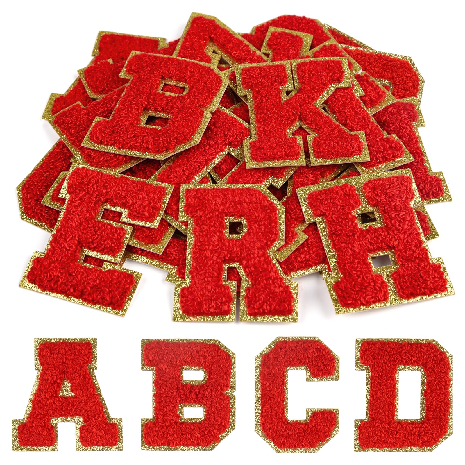 CHRORINE 26/52/104 Pcs Self Adhesive Chenille Letter Patches A-Z, Also Supports Sew or Iron on, Embroidered Alphabet Patches Stickers for DIY Clothing, Bags, Hats (52, Red, Height 2.16″)