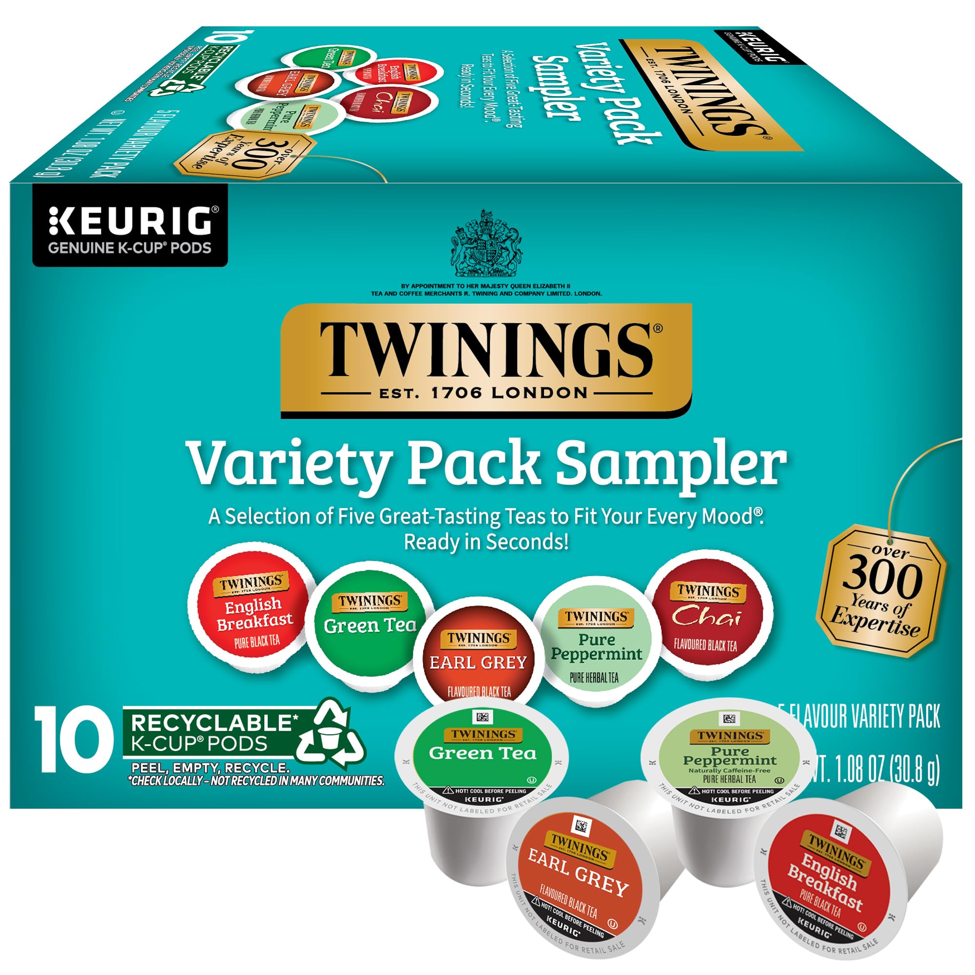 Twinings K-Cup Pods Variety Pack, Includes English Breakfast, Earl Grey,  Chai, Green, and Peppermint for Keurig and Single Cup Brewers, 10 Count  (Pack