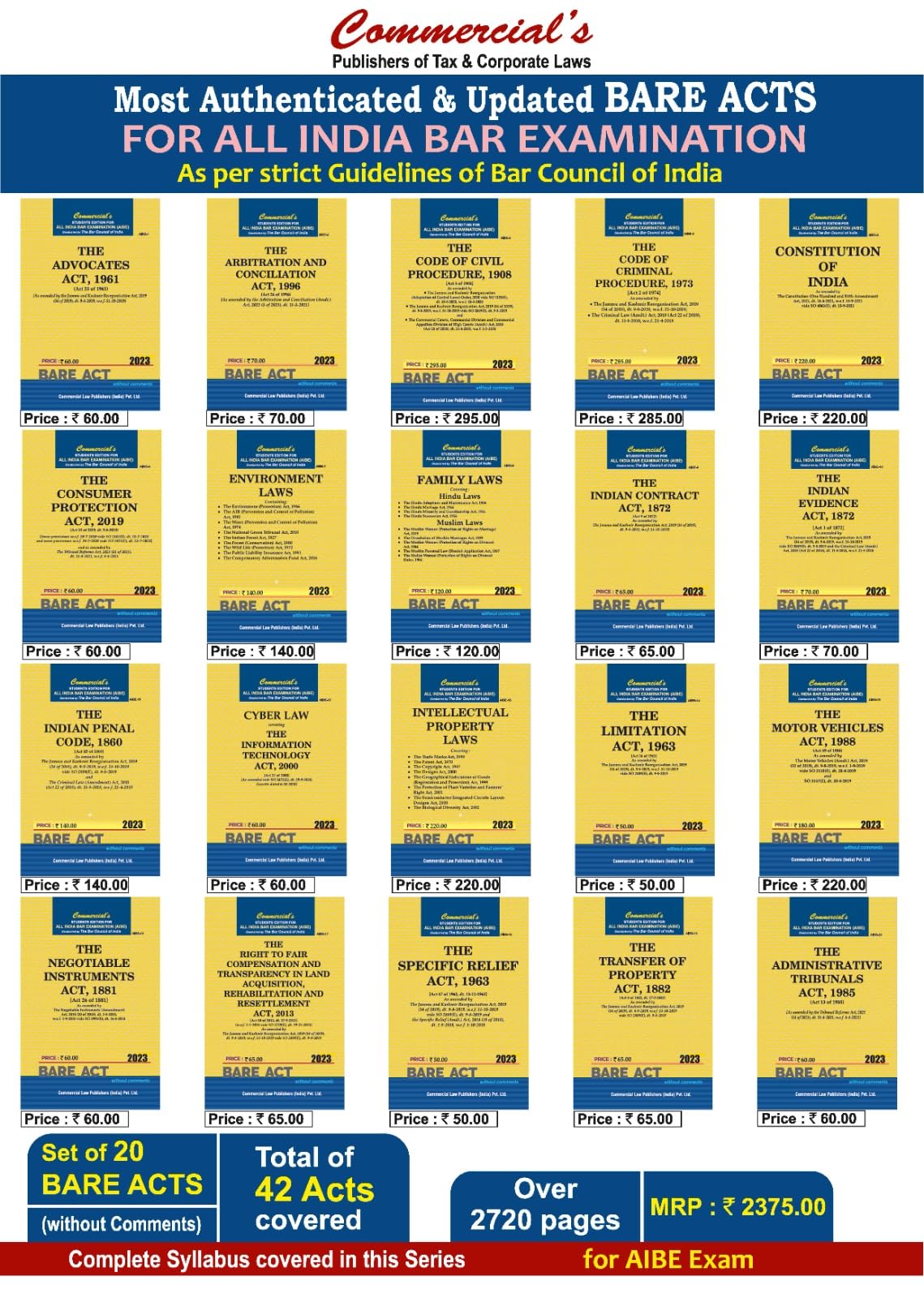 AIBE Bare Acts Combo without Notes 2023 EDITION- as per Bar Council of India Guidelines set of 20 Bare Acts covering 42 Acts COMPLETE SYLLABUS - LATEST 2023 EDITION