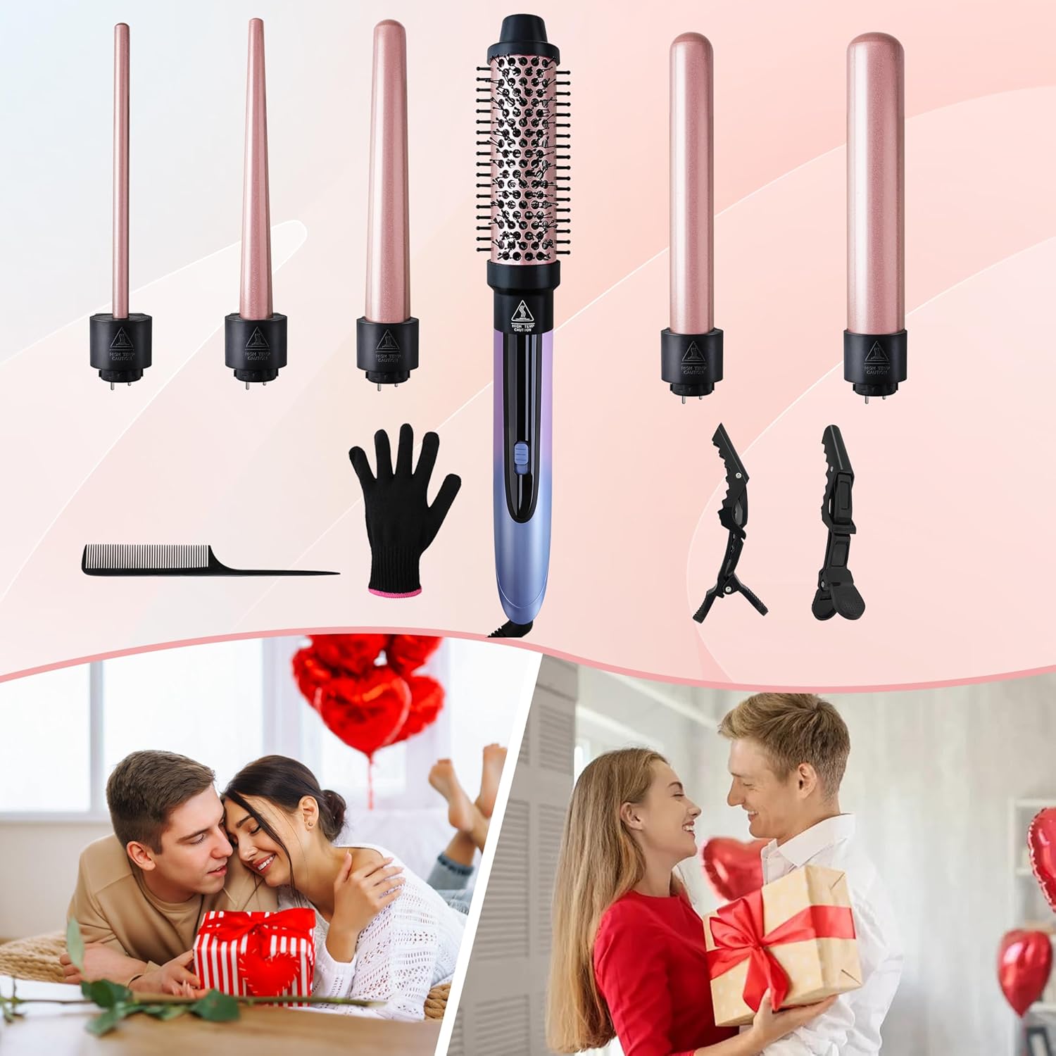 Curling Iron Set, 6 in 1 Hair Curling Wand with Curling Brush and 5 Interchangeable Ceramic Curling Wand(0.35'-1.25') Tourmaline Hair Curler, Instant Heat Up Curling Iron for Long Hair Women
