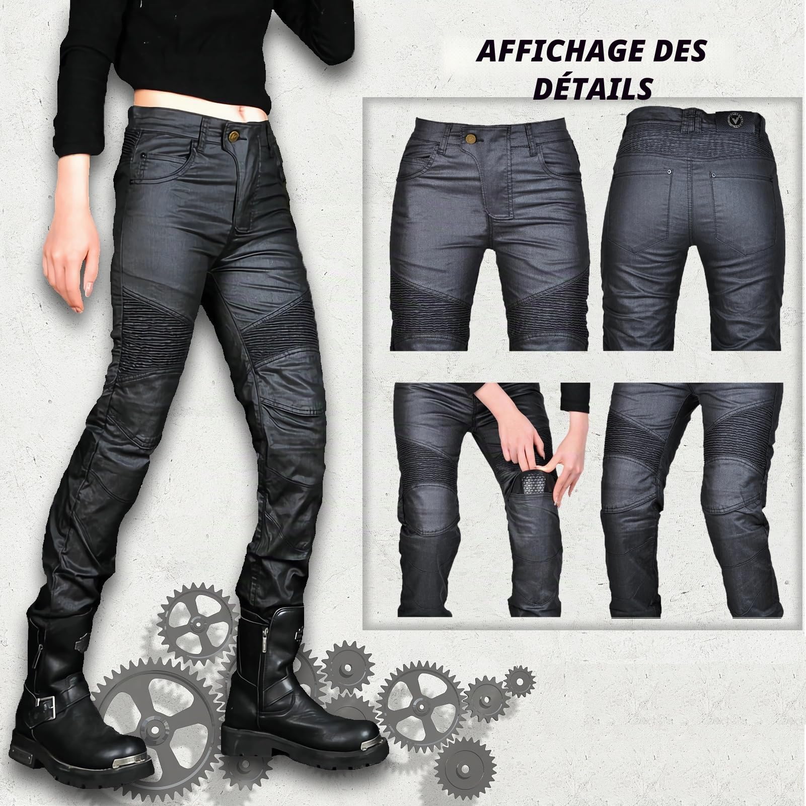 Jean de moto pour femme - Coupe ajustée - Avec protections des genoux et des hanches - Stretch - Coupe ajustée - Pantalon de moto cargo