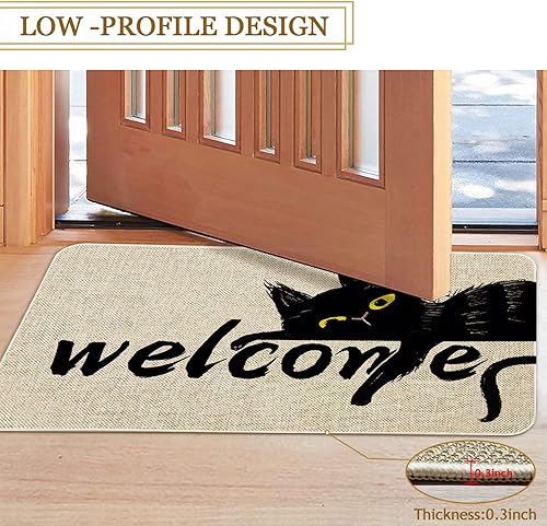 Miniatura 6 de Roszwtit Tapete para puerta delantera de gato de Halloween, 30 x 17 pulgadas, felpudo negro para interiores y exteriores, alfombra de lino para