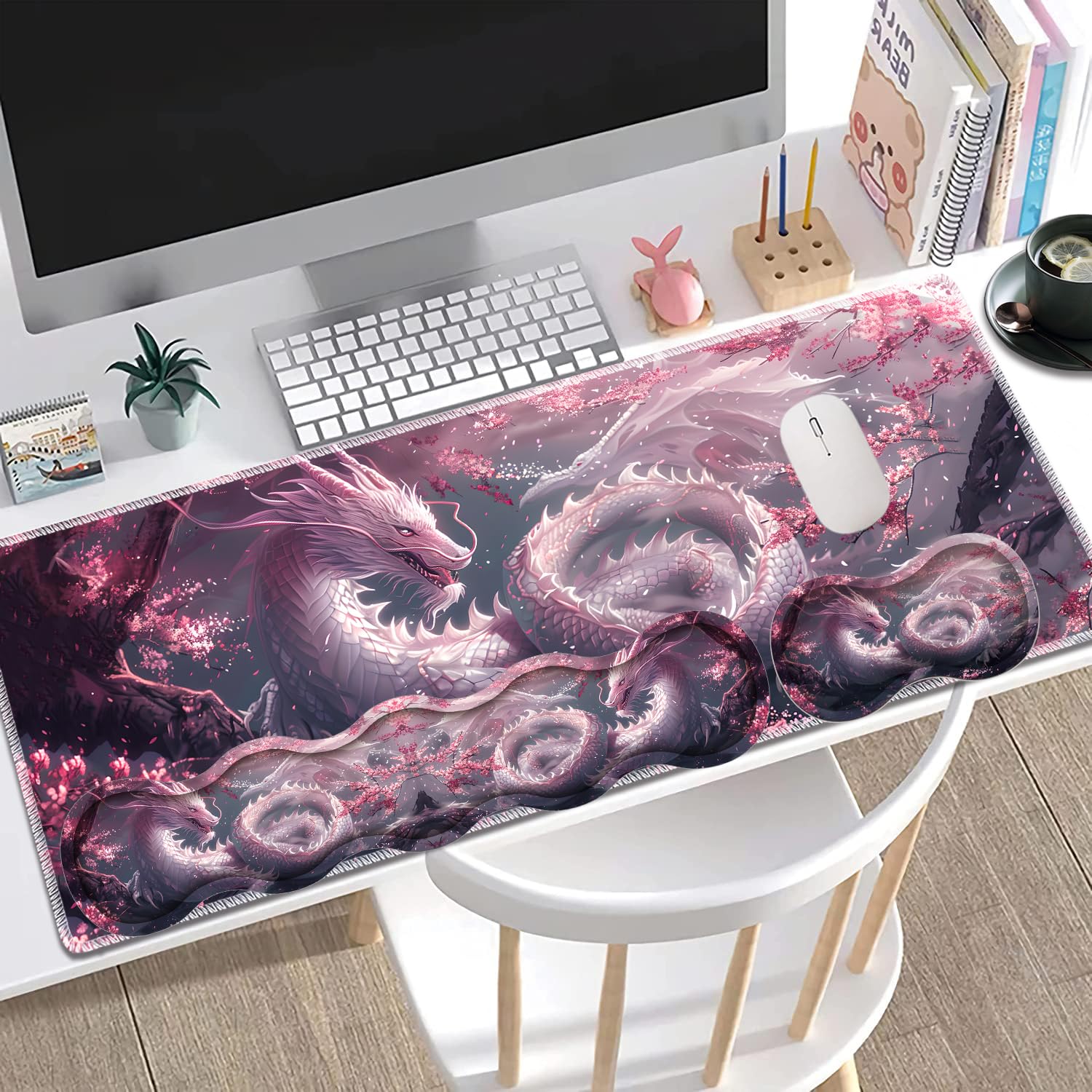 Large Gaming Mouse Pad + Keyboard Wrist Rest + Wrist Support + Coaster Set, Memory Foam Ergonomic for Easy Typing, XXL Extended Gaming Mouse Pad Table Pad - Cherry Pink Dragon