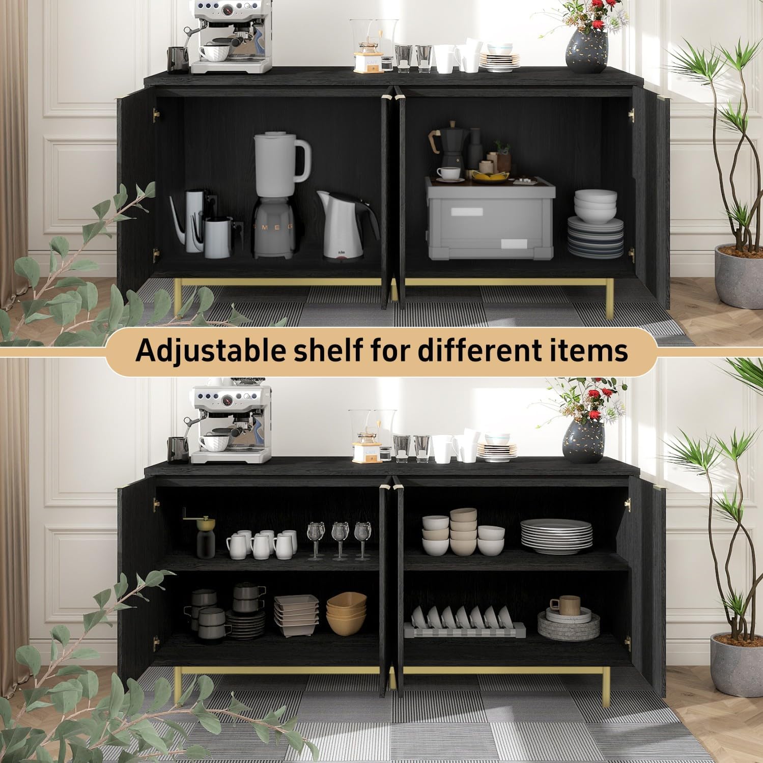 MUUEGM Sideboard Buffet Cabinet with Storage, 58" Large Kitchen Storage Cabinet with Shelves and 4 Fluted Doors, Modern Console Table for Kitchen, Dining Room, Hallway(Black)
