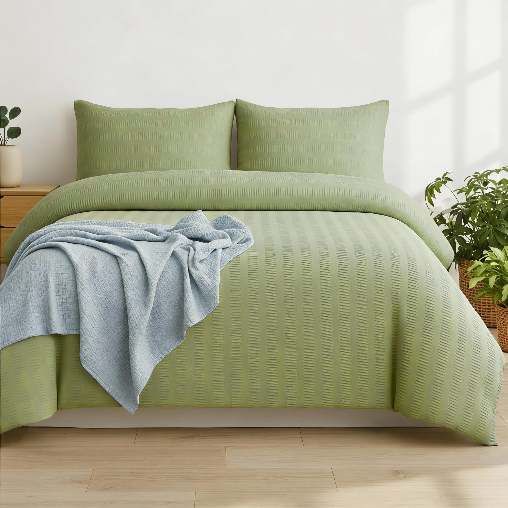 Q&H Bedding Single Seersucker Duvet Cover Set - Sage Green Quilt Cover Brushed Microfiber with Pillowcase - Multiple Sizes Complete Bedding Set - Soft & Breathable, Easy Care & Machine Washable — image 1