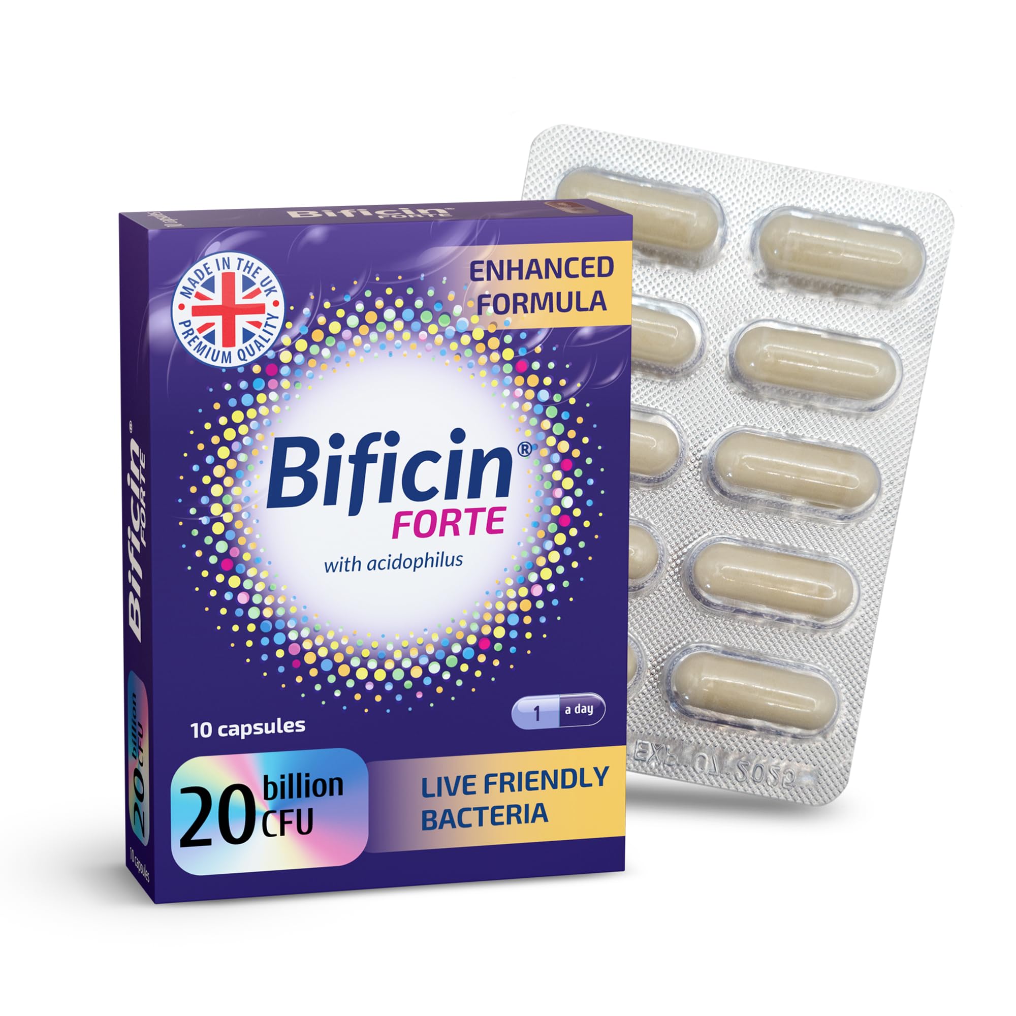 Bificin Forte - Probiotics and Prebiotics for Gut Health - 20 Billion CFU -10 Live Bacterial Cultures: Lactobacillus Acidophilus, Lactis, Rhamnosus & Bifidobacterium Longum, Breve, Bifidum-10 Capsules