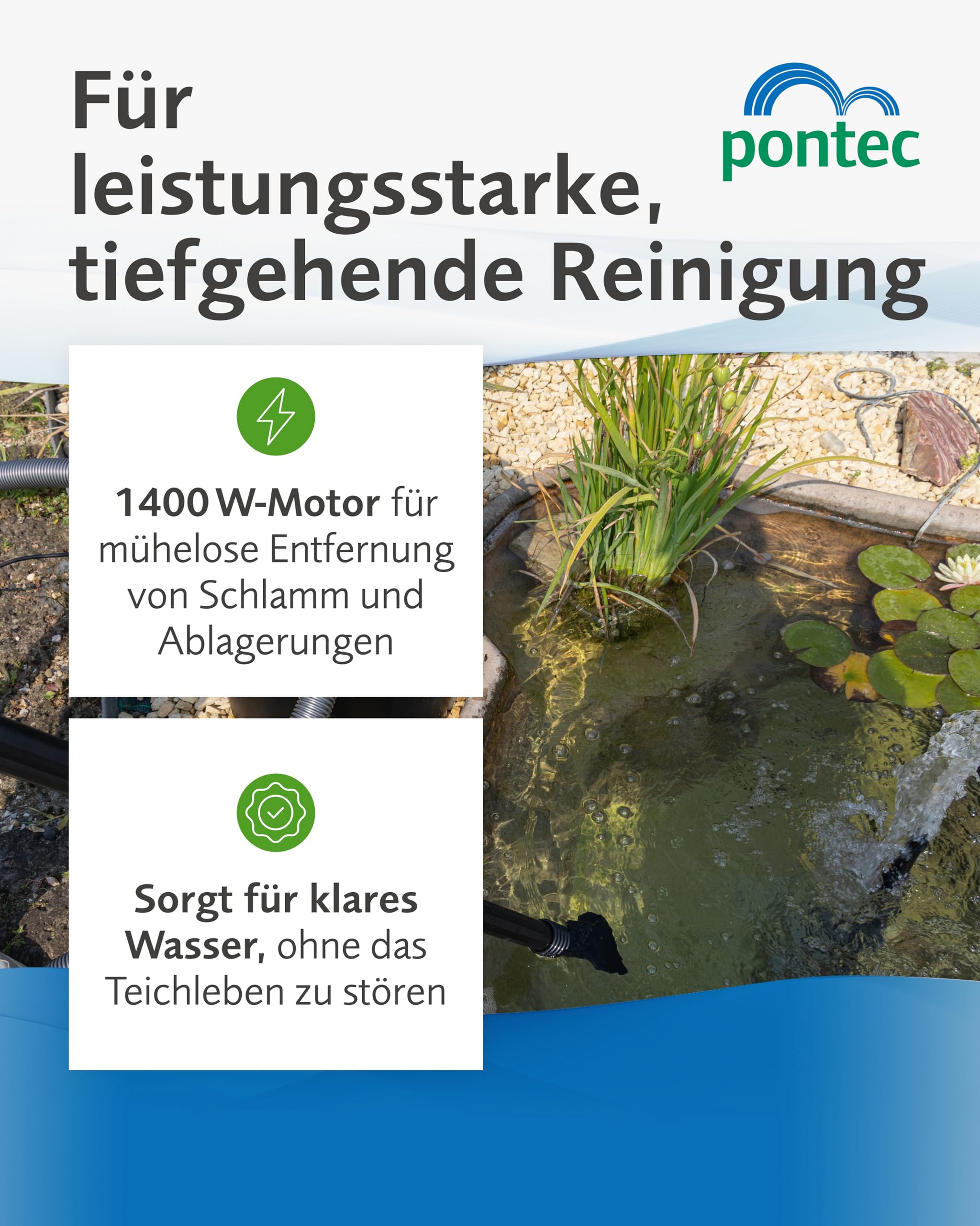 Pontec Pondomatic Teichschlammsauger (1400 W) Teichsauger Schlammsauger Teich für einen Sauberen Teichboden, 30 L Auffangvolumen, Inklusive 3 Düsen und 4 M Kabel, 2 Jahre Garantie, Deutsche Technik