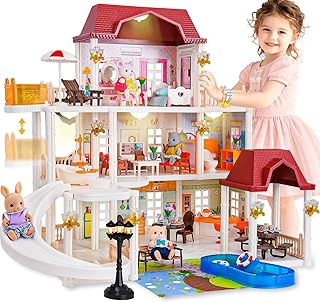 Doll House with 45 Pcs Furniture and Accessories, 3-Story with 4 Animal Dolls, Food Cooking Set, Warm Lights, Pool Slide and Movable Elevator, Pretend Play Dream Dollhouse for Girls 3+