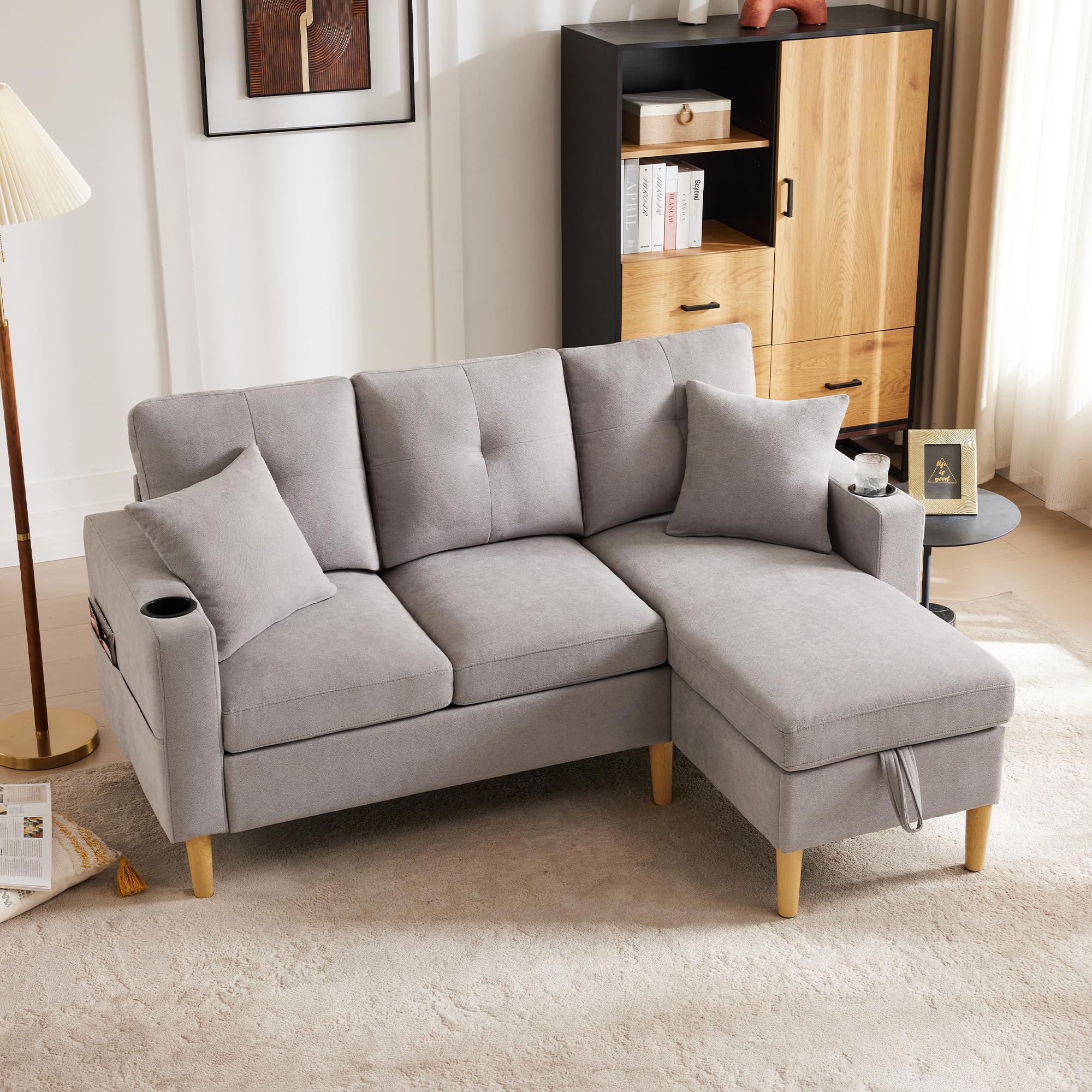 Sofá moderno en forma de L, sofá de 3 plazas con chaise longue, espacio de almacenamiento, soporte integrado para bebidas, viene con 2 almohadas, adecuado para salón, oficina, apartamento, etc., 175 x
