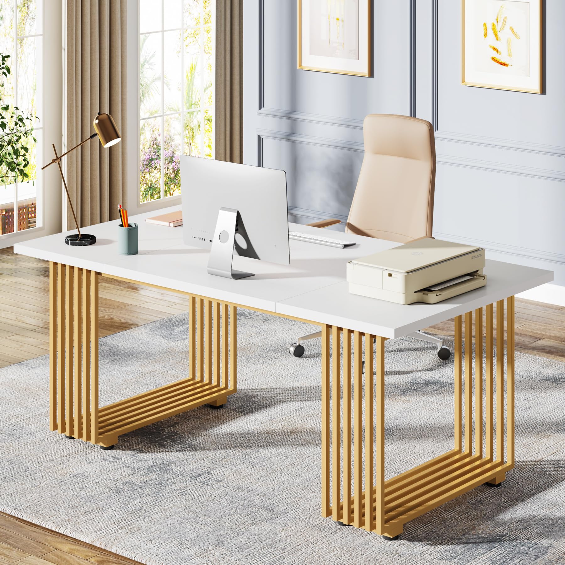 Tribesigns Bureau Moderne de 180 x 79 x78 cm, Bureau de Simple avec Pieds en métal doré, Grand Meuble d'affaires, Petite Table de conférence pour Salle de (Blanc & Or)