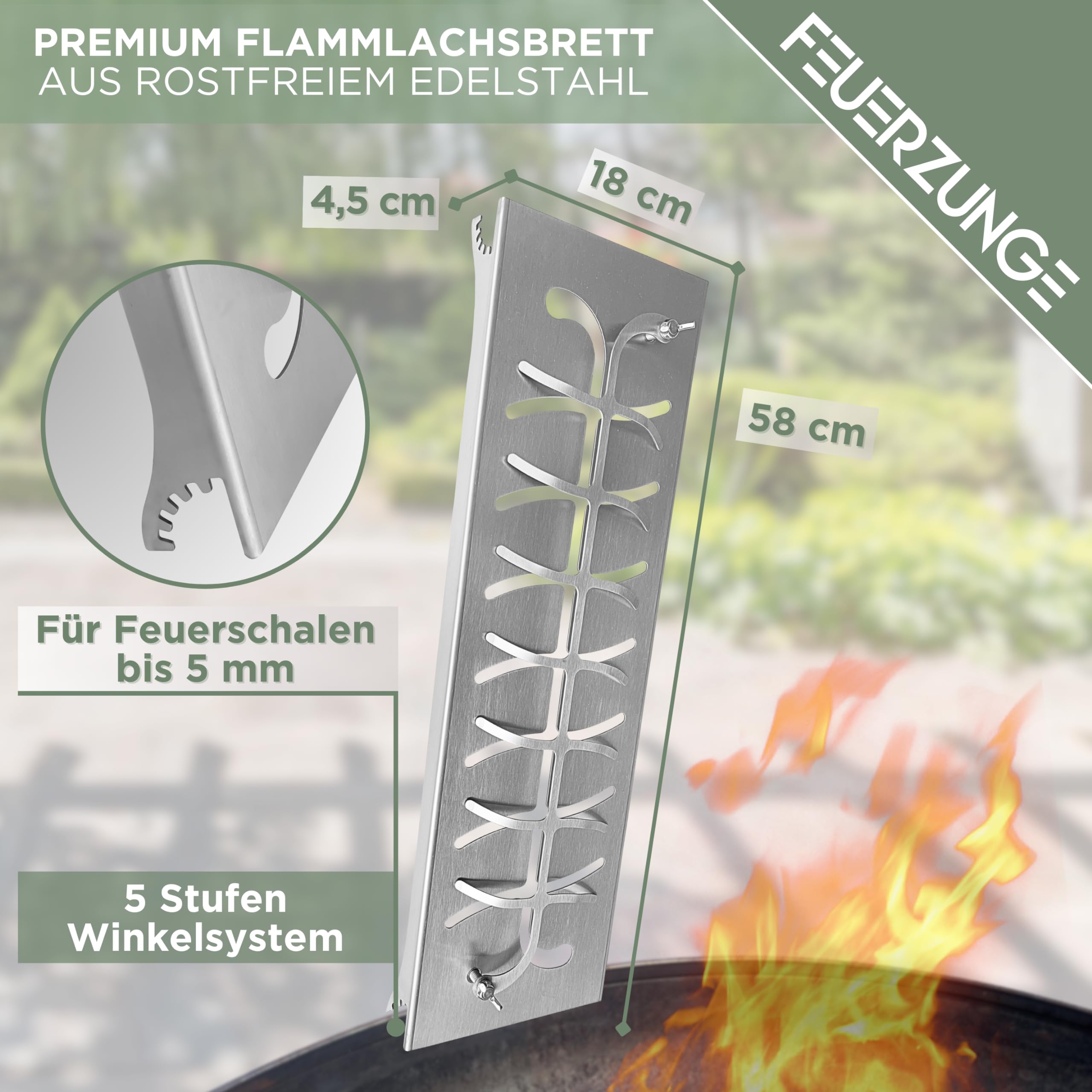 Flammlachsbrett aus Edelstahl - Extra Groß - Lachsfilets bis 60cm - 180° Wendbar & mit 5 stufiger Halterung - Feuerschalen Zubehör
