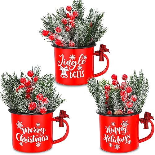 Hushee 3 tazas de café esmaltadas de Navidad de 12 onzas con púas artificiales de pino rojo y bayas rojas, tazas de esmalte rojo, decoraciones de disponible en Yaxa Colombia