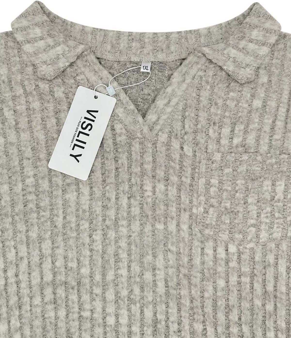 VISLILY Womens-Plus-Size-Tops Collared V Neck Polo Shirts Lightweight Long Sleeve Sweaters Trendy Pocket Decor Tunic Blouses - Image 6