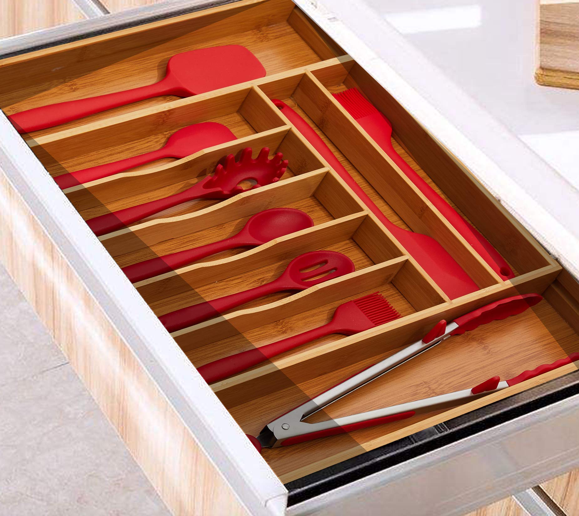 Ohwin Bamboo Silverware Drawer Organizer - Expandable Kitchen Drawer Organizer and Utensil Organizer, Perfect Size Cutlery Tray with Drawer Dividers for Kitchen Utensils and Flatware (20Inch)