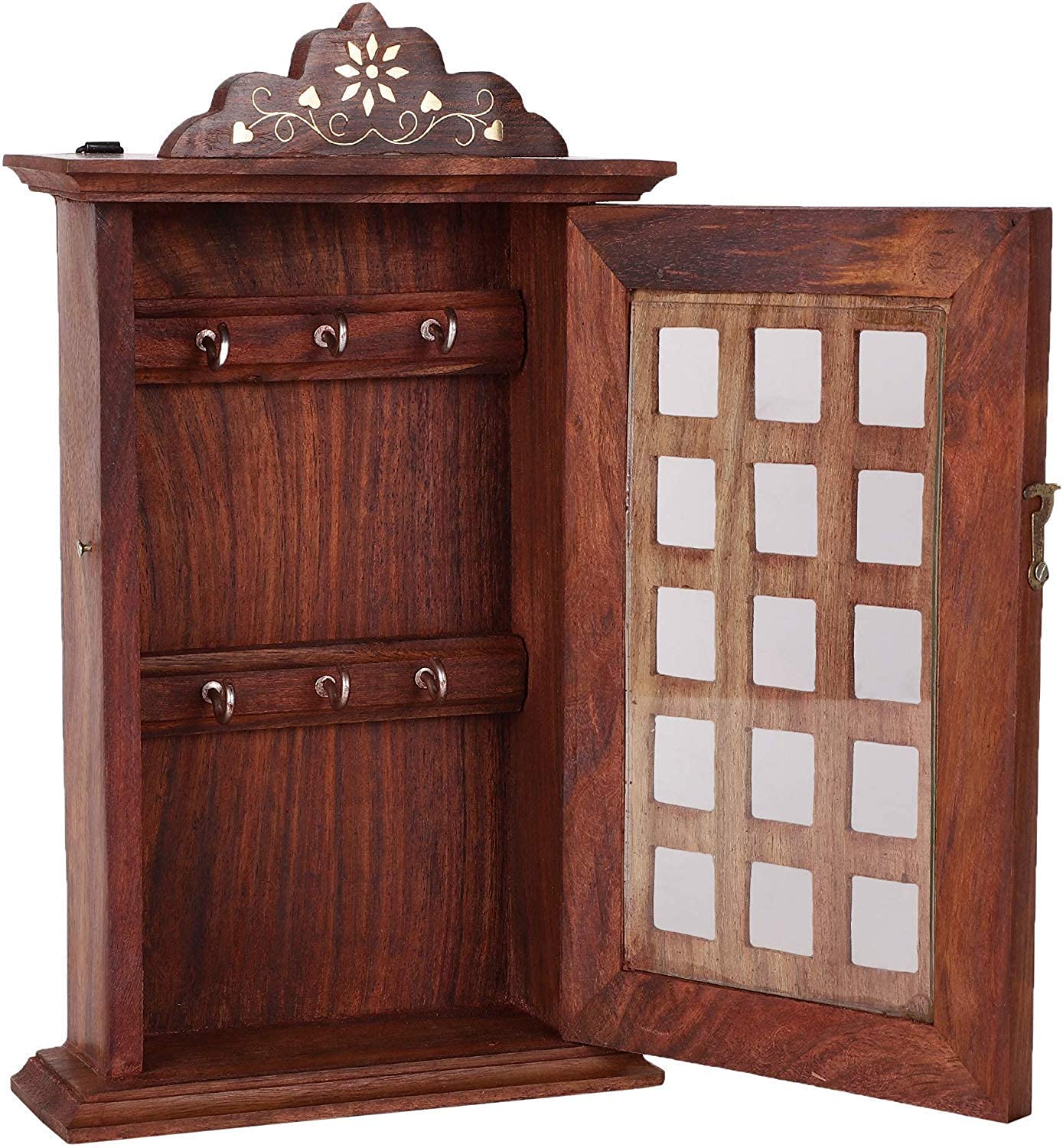 Blessing HANDICRAFTS Sheesham Wood Wall Mounted Key Holder 6 Hooks Square Design with Door Handcrafted by Indian Artisans Solid Wood Key Organizer for Entryway Hallway & Home Decor