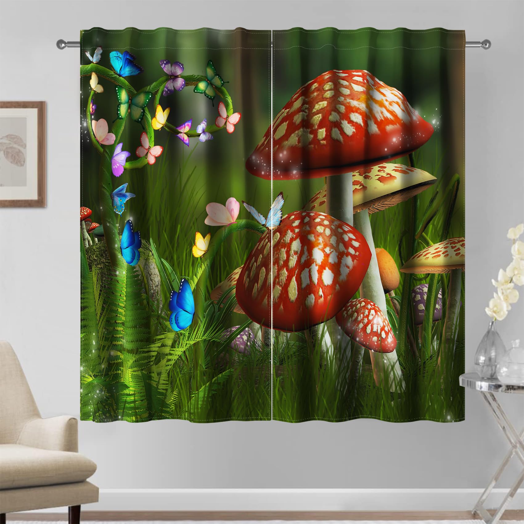 Kzzfqxb 132x214cm Curtains 2 Panels, Wild Field Scenery Colorful Bright Butterflies Waving Wings in Green Grasses and Mushrooms Rod Pocket Window Drapes, Dreamy Decor for Living Room Bedroom