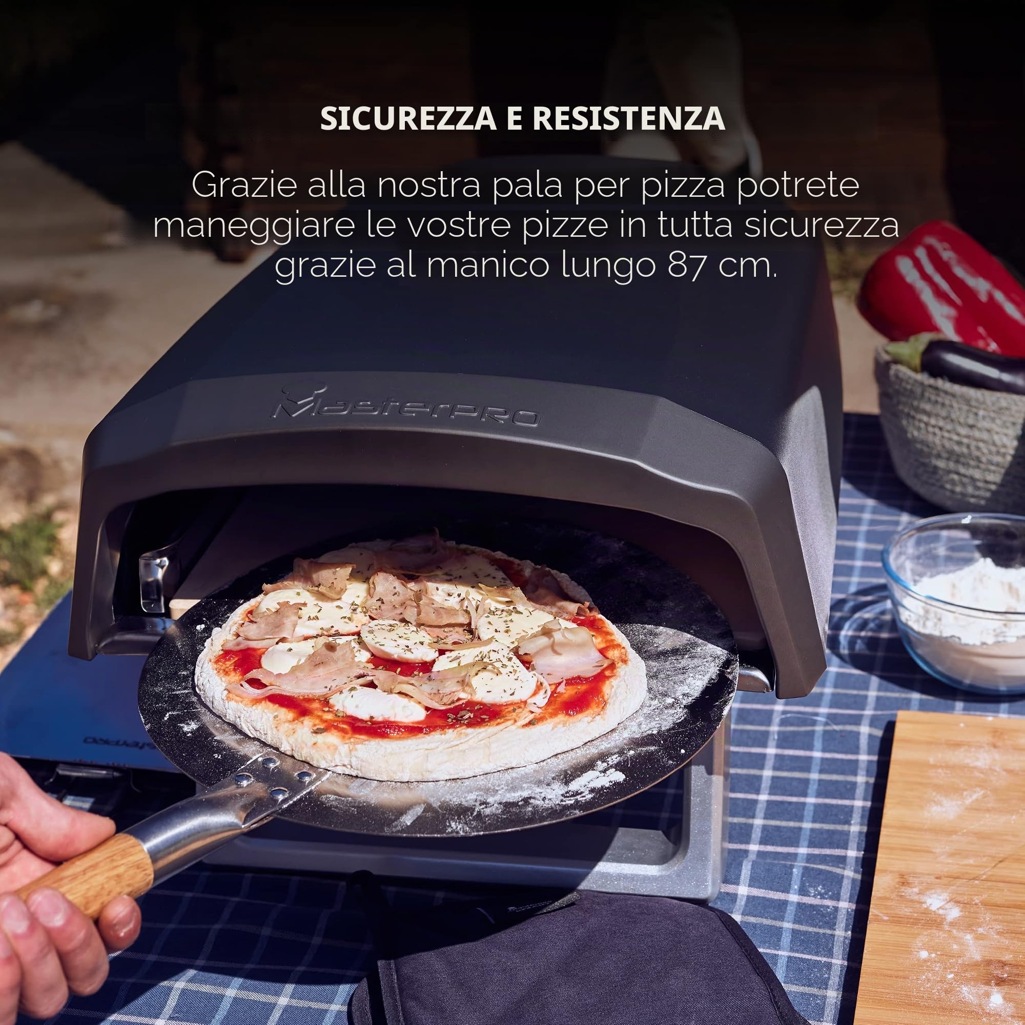 MasterPRO Foodies - Buccia per pizza da forno - In acciaio inox - Diametro 30,5 cm e lunghezza 87 cm - Manico lungo effetto legno - Testa rotonda - Testa rotonda