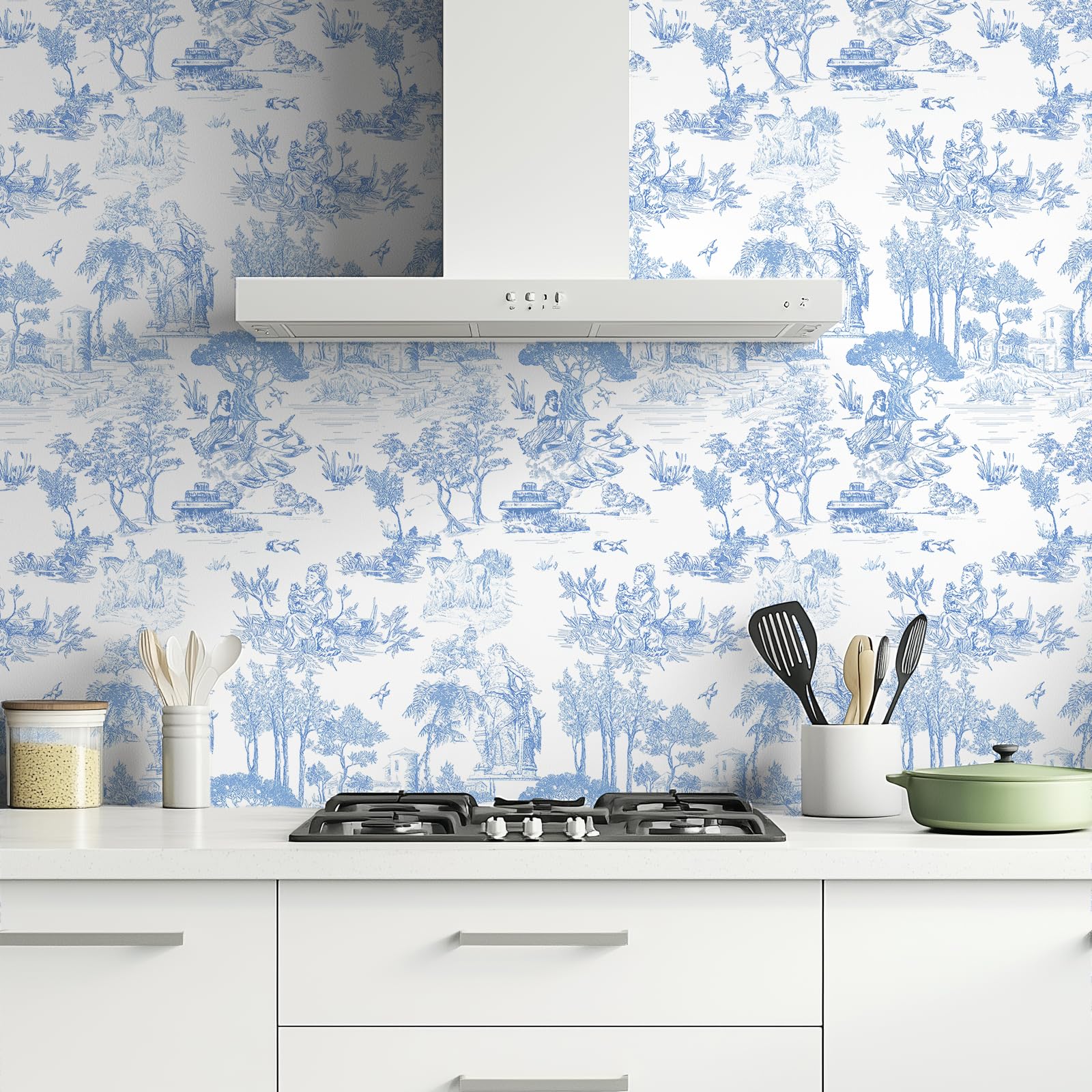 WENMER Toile Wallpaper, 17.7" X 590" Pink and White Peel and Stick Wall Paper, Toile de Jouy Wallpaper, French Vintage Contact Paper for Bedroom, Walls, Backdrop, Cabinet, Home Decor: 17.7" x 394" Blue