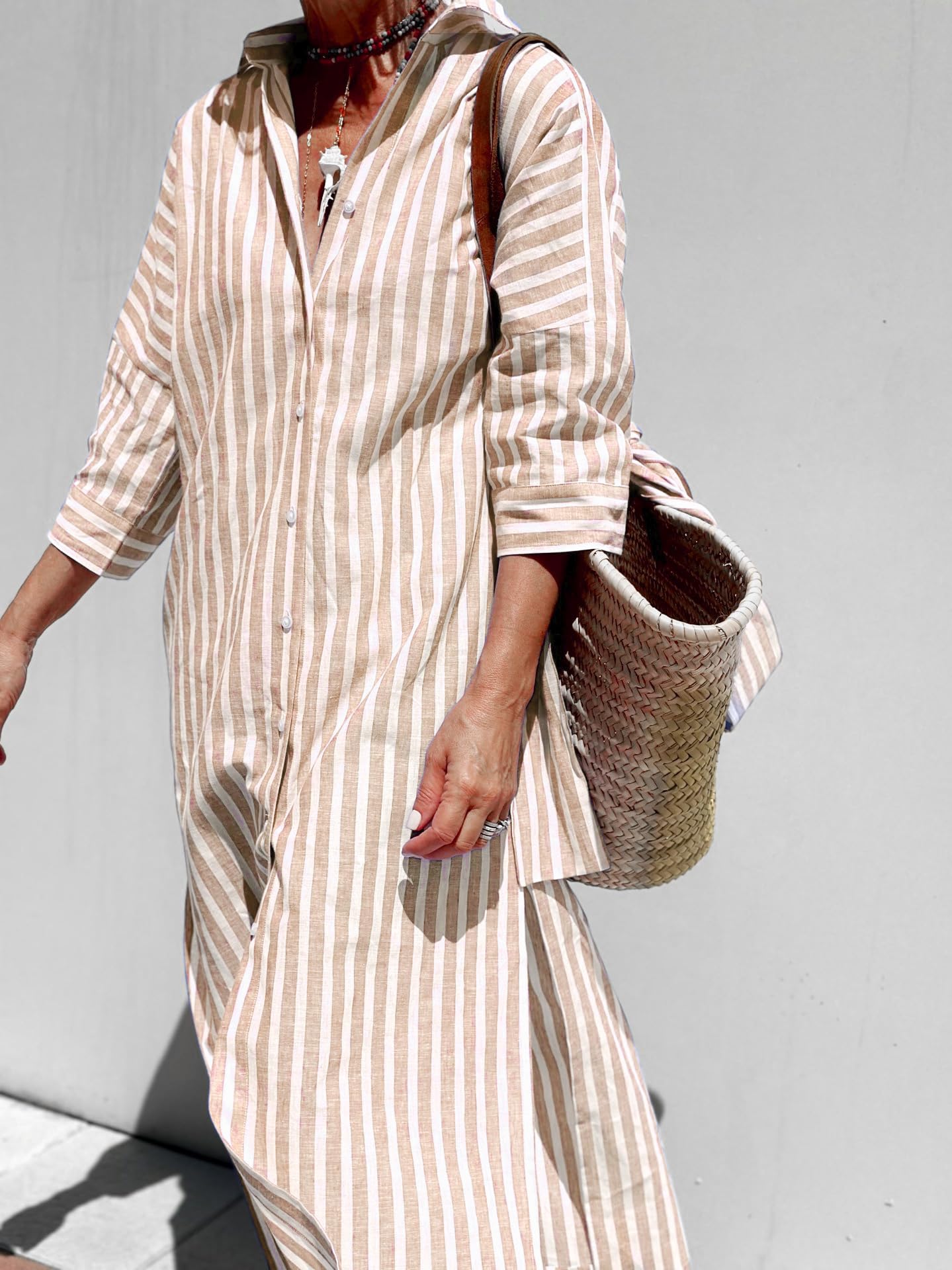 utcoco Maxikleid für Damen, 2026, lässiges Revers, 3/4-Ärmel, Knopfleiste, geteilter Gürtel, Urlaubskleid