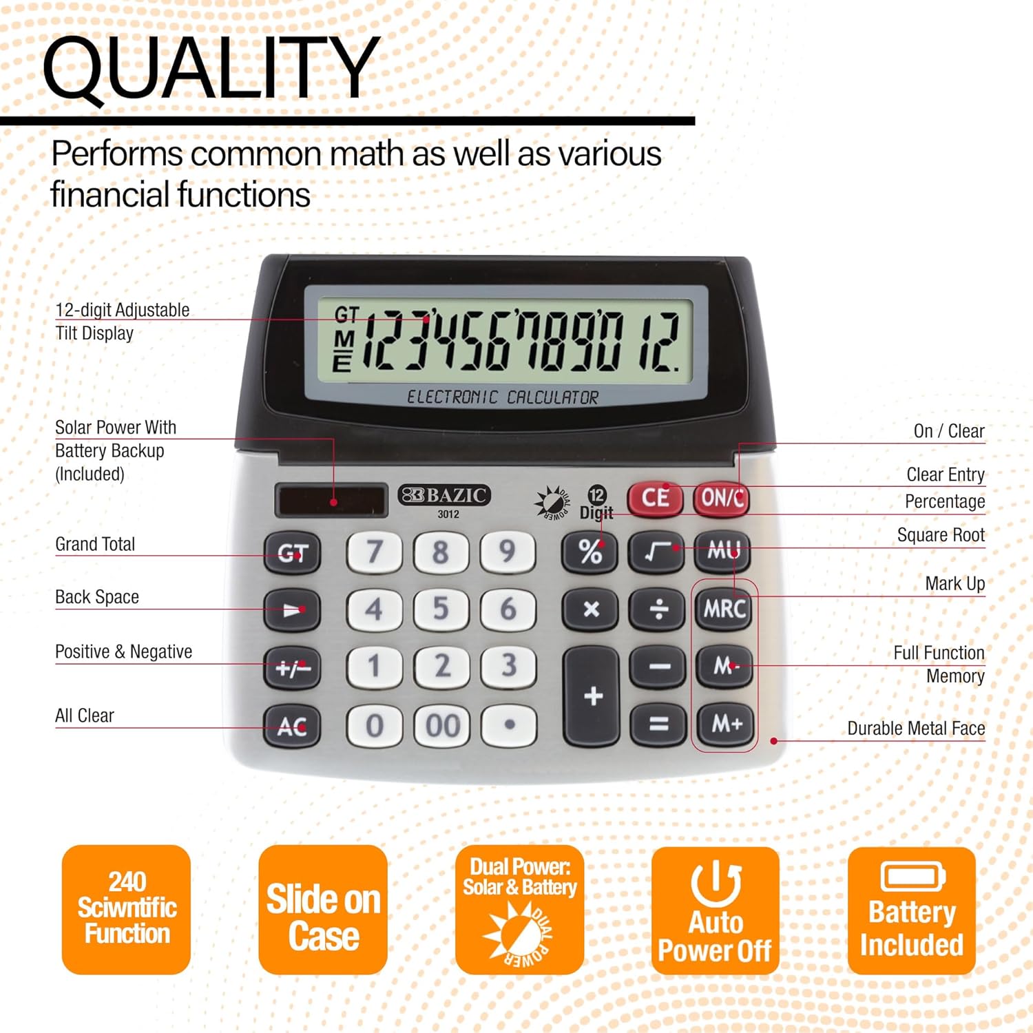 BAZIC 12-Digit Dual Power Desktop Calculator with Adjustable Display (Case of 12) (3012-12)