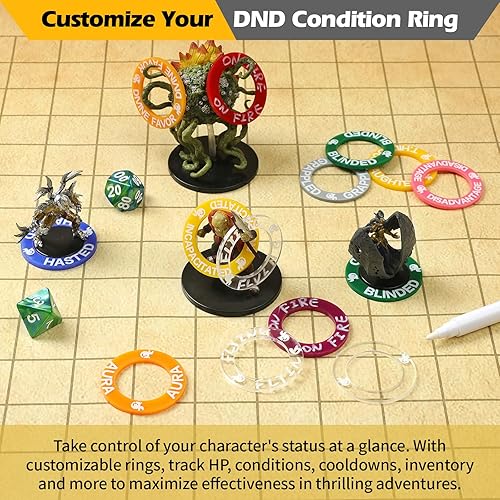 Miniatura 3 de Grajar 52 anillos únicos de condición en miniatura DND, 92 marcadores de efectos de estado, incluye 5 anillos en blanco personalizables, ideal para