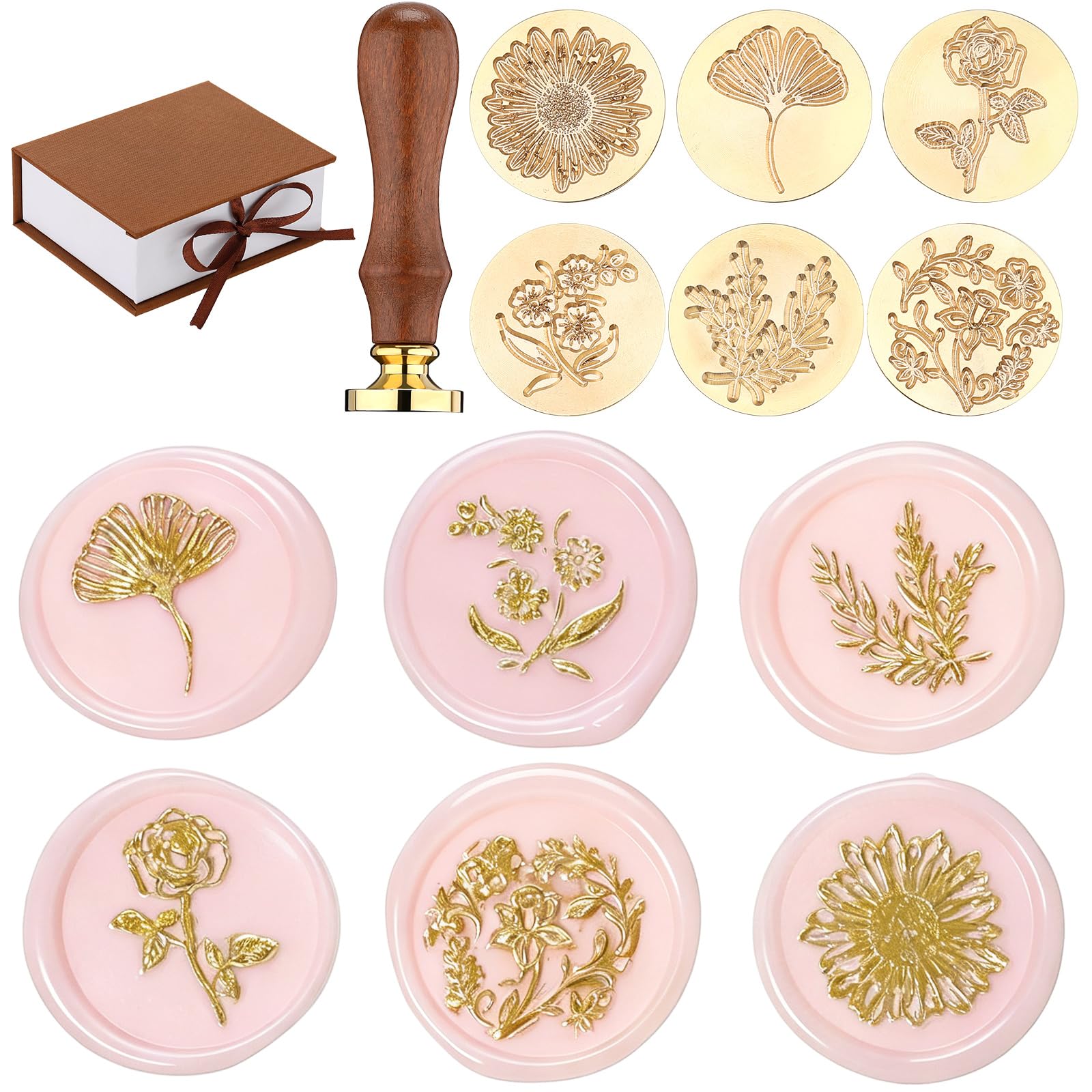 Set de Sellos de Sellado de Cera, Sellos Florales Kit de Estampador de Sellado Botánico, Sellos Postales de Boda, Mango de Madera con Cabeza de Latón de Hoja Planta Rosa para Boda, 6 Piezas