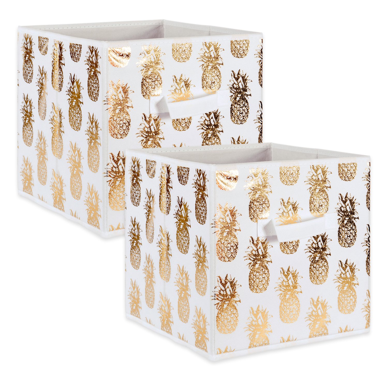 DIINon Woven Polyester Storage Bin, Metallic Pineapple, White & Gold, Small Set of 2