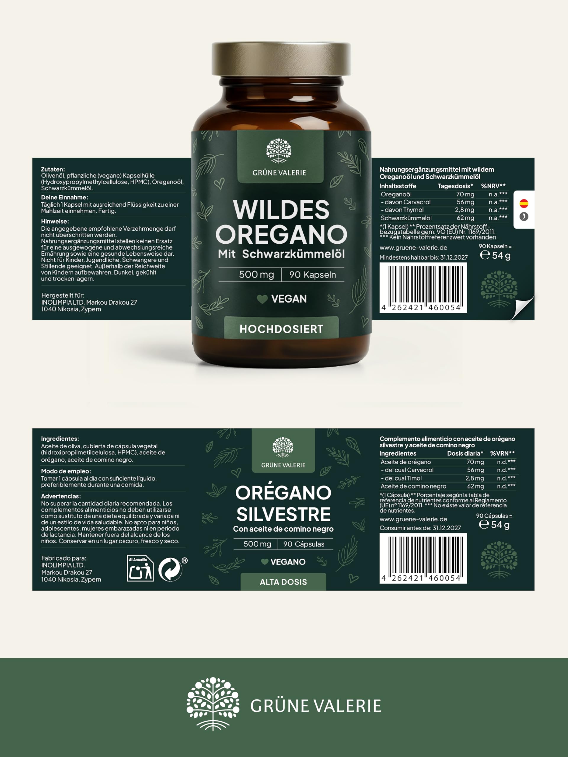 GRÜNE VALERIE® Oregano Öl Kapseln [HOCHDOSIERT] – DuoKomplex mit Schwarzkümmelöl 90 Stück – 82% Carvacrol Wildes Berg Oreganoöl – 500mg Kapseln vegan & magensaftresistent – laborgeprüft & ohne Zusätze