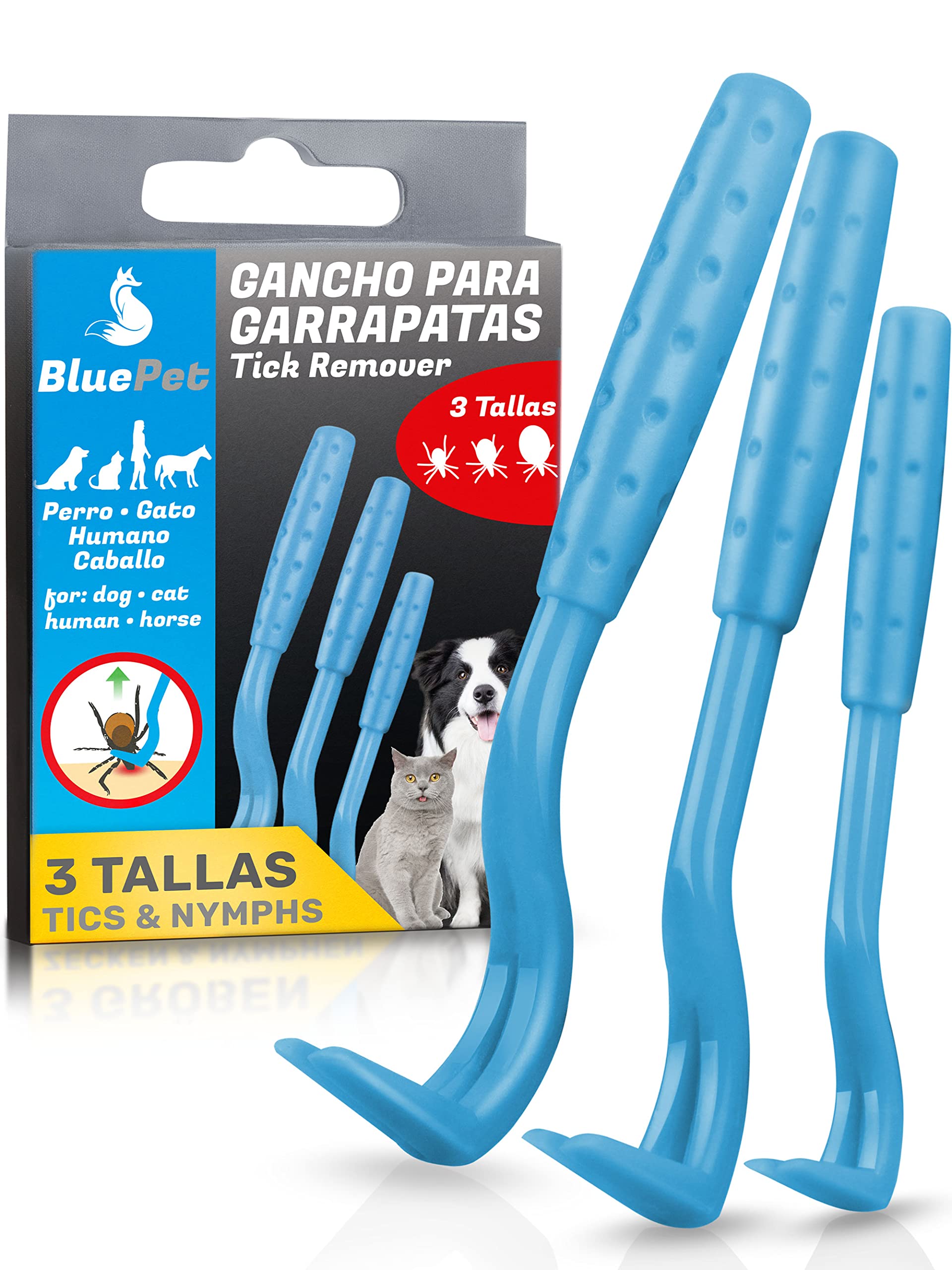 BluePet® Juego de 3 tamaños Ganchos para garrapatas | Quita garrapatas para Personas, Perros, gatos y Caballos | Pinzas para garrapatas | Palanca para eliminación de garrapatas