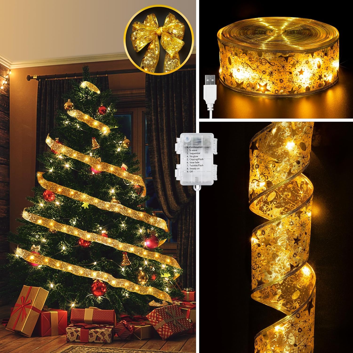 Christmas Tree Decorations - 2.5Inch x 66Ft 200 Led Ribbon Lights with 8 Lighting Modes, Battery Operated & USB Powered Fairy String Lights with Timer for Xmas Tree Decor (Gold)