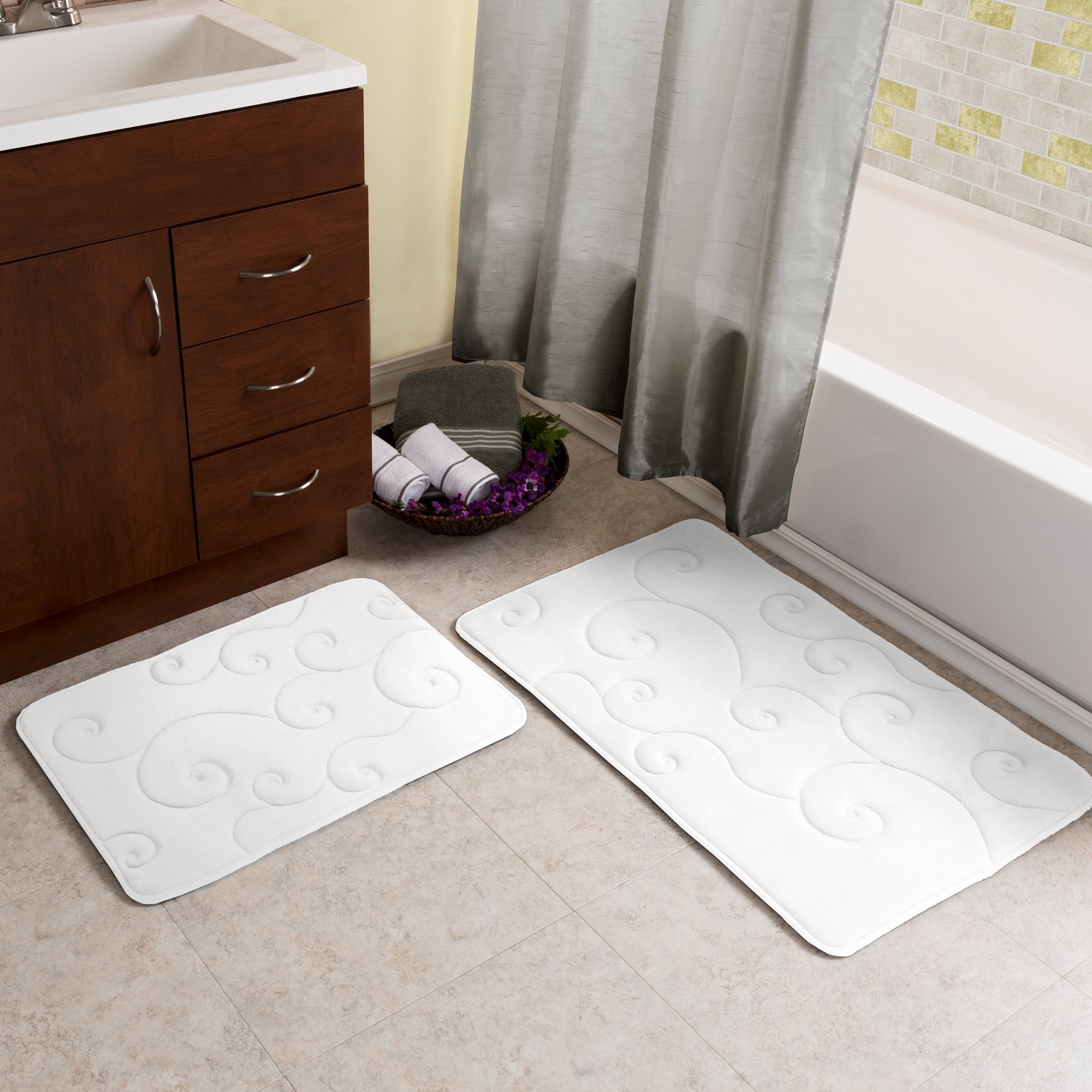 Lavish Home 2 PC Juego de Alfombrilla de baño de Espuma de Memoria Coral Forro Polar en Relieve patrón – Azul